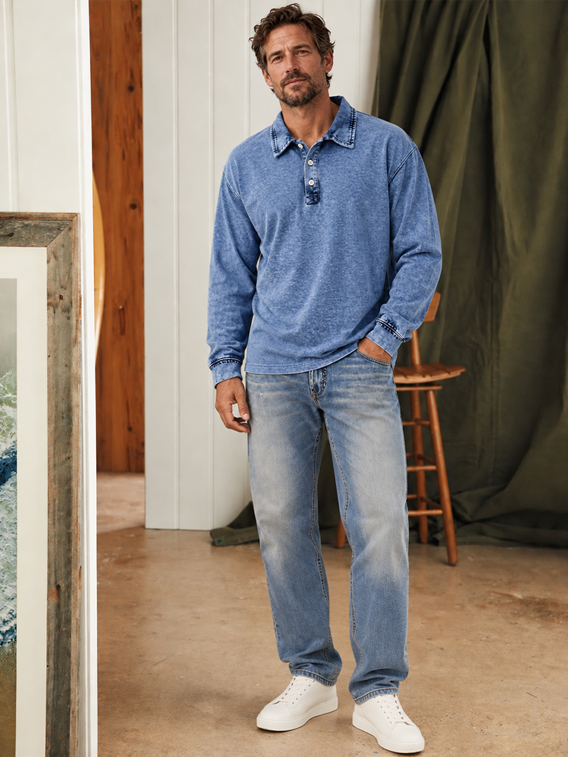 Men's Vintage Washed Cotton Long-Sleeve Polo Shirt with Collar and Button Placket
