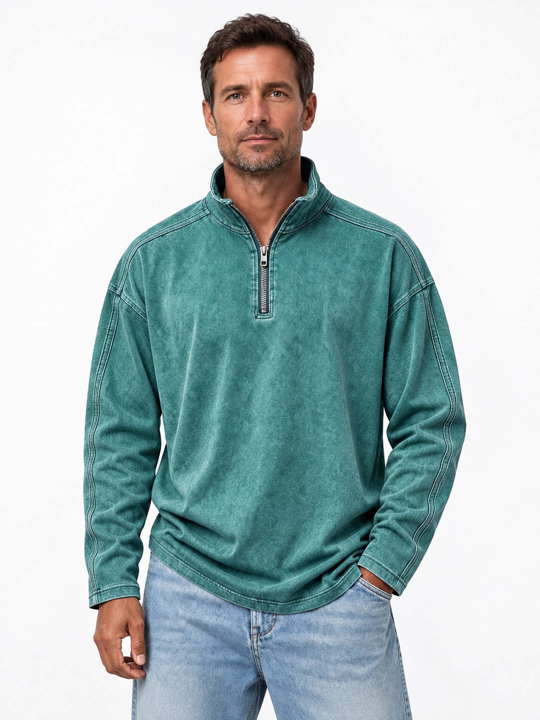 Men’s Vintage-Washed Relaxed Quarter-Zip Mock Neck Pullover
