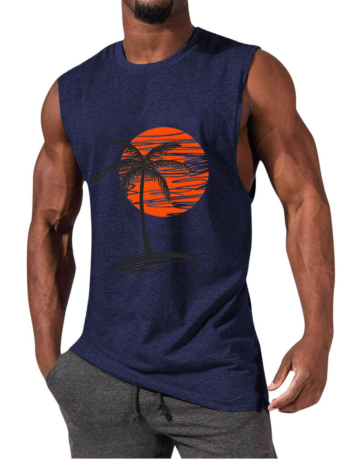 Men's Comfortable Solid Color Hawaiian Coconut Sleeveless Print T-shirt