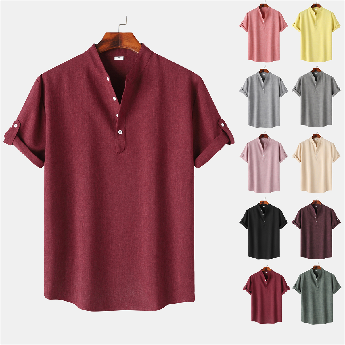 Men's Cotton And Linen Stand Collar Basic Casual Short-sleeved Shirt