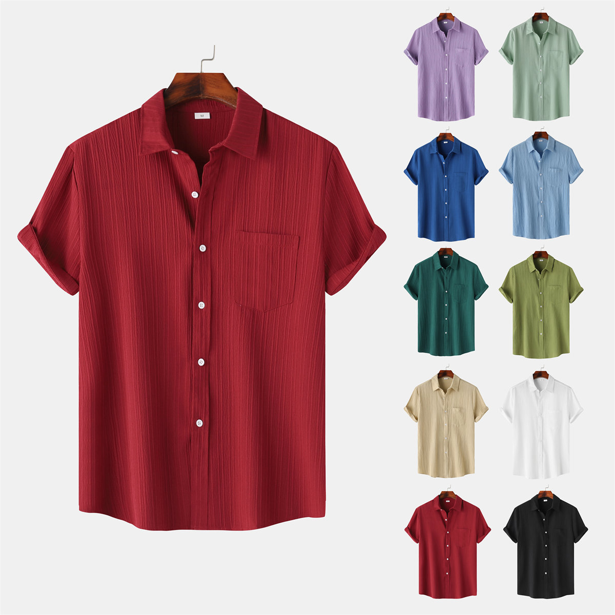 Men's Striped Texture Cotton And Linen Simple Casual Pocket Short-sleeved Shirt