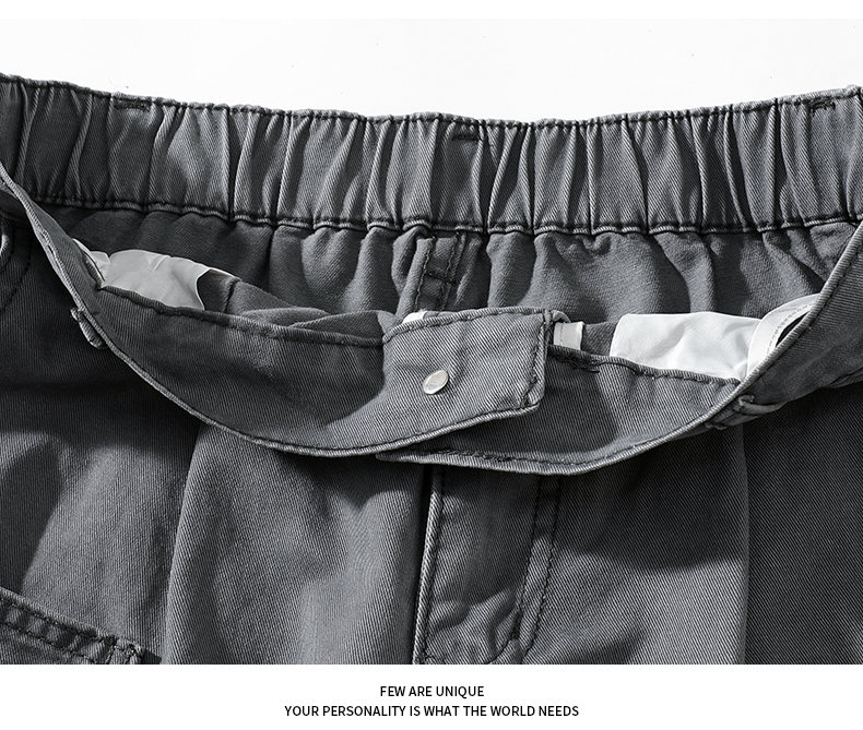 Men's Autumn 100% Cotton Vintage-Washed Multi-Pocket Straight-Leg Trousers