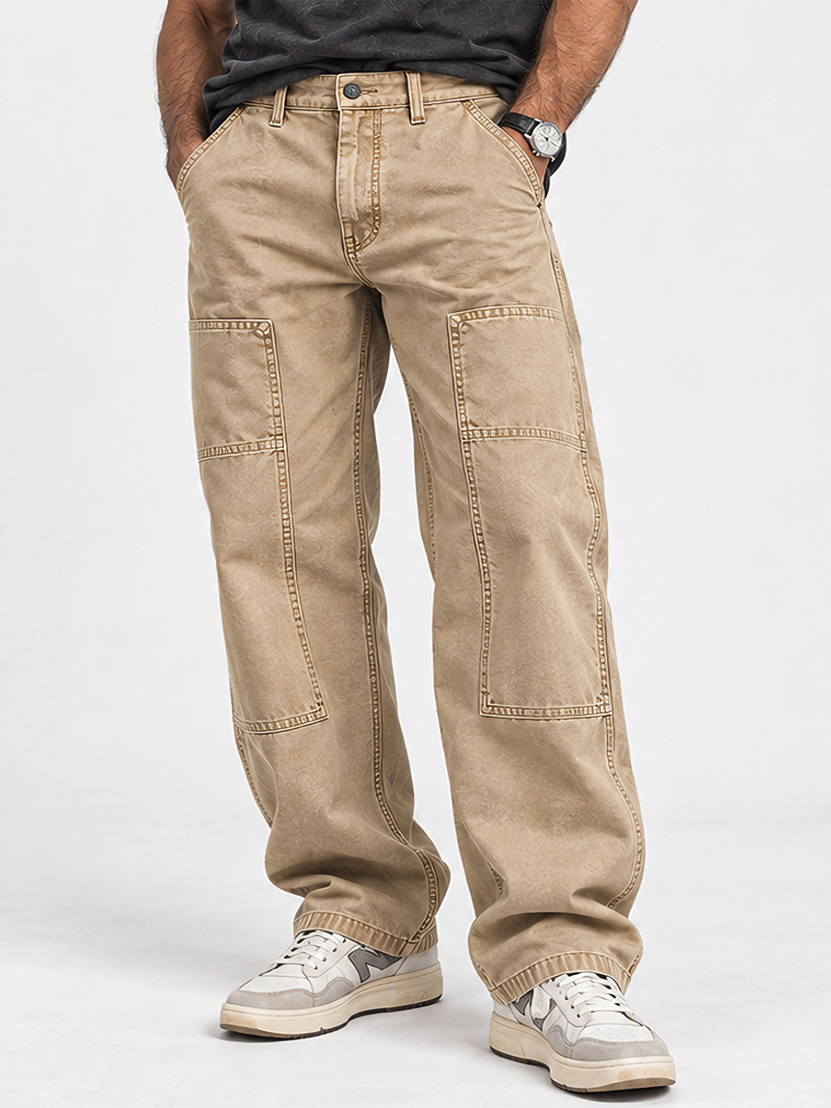 Men's Vintage Washed Utility Pocket Relaxed Straight-Leg Pants