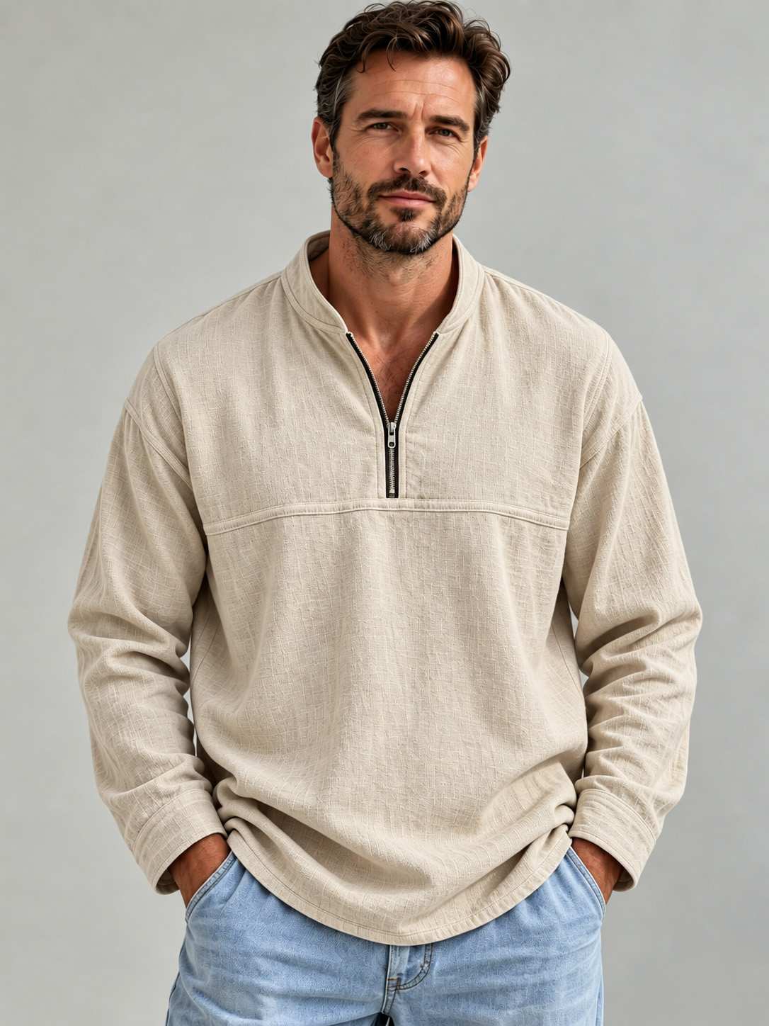 Men's Cotton-Linen Long-Sleeve Pullover with Stand Collar and Zipper