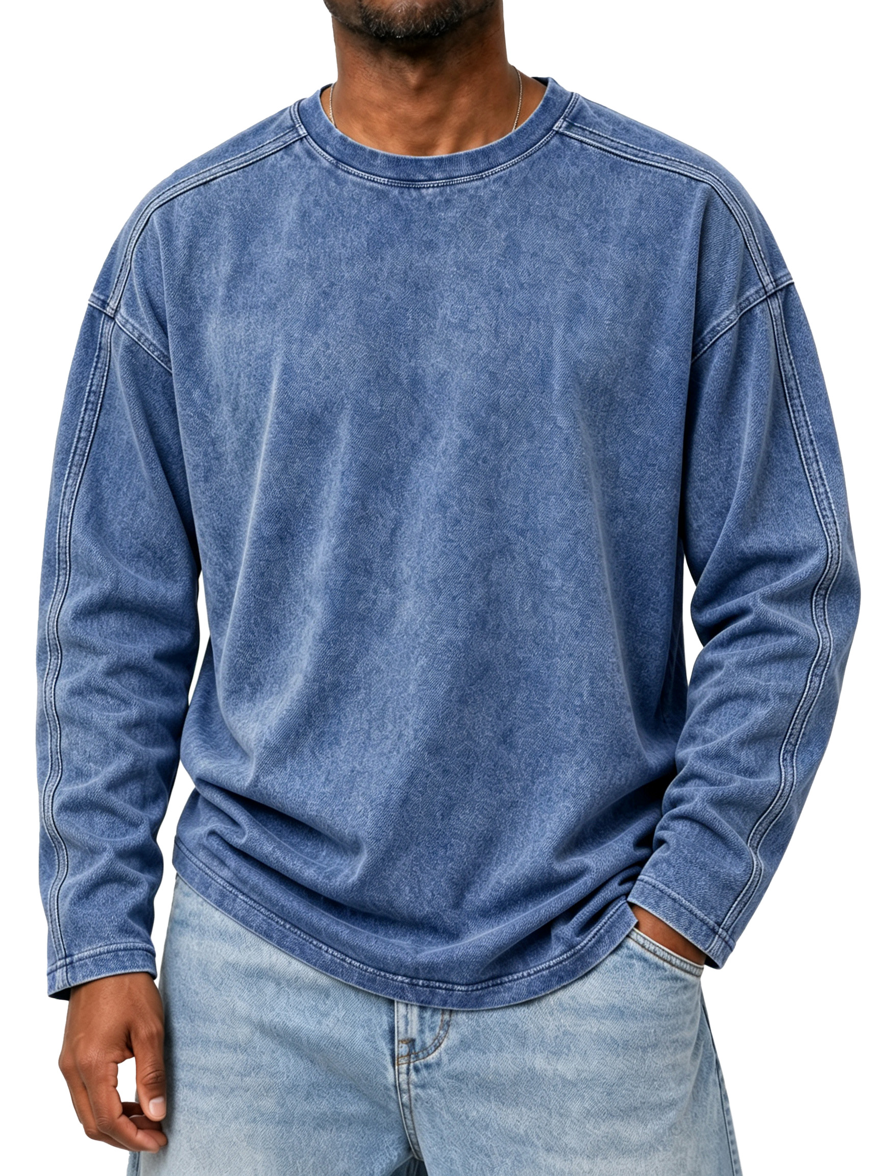 Men's Vintage Crew-Neck Long-Sleeve T-Shirt with Stitching Detail