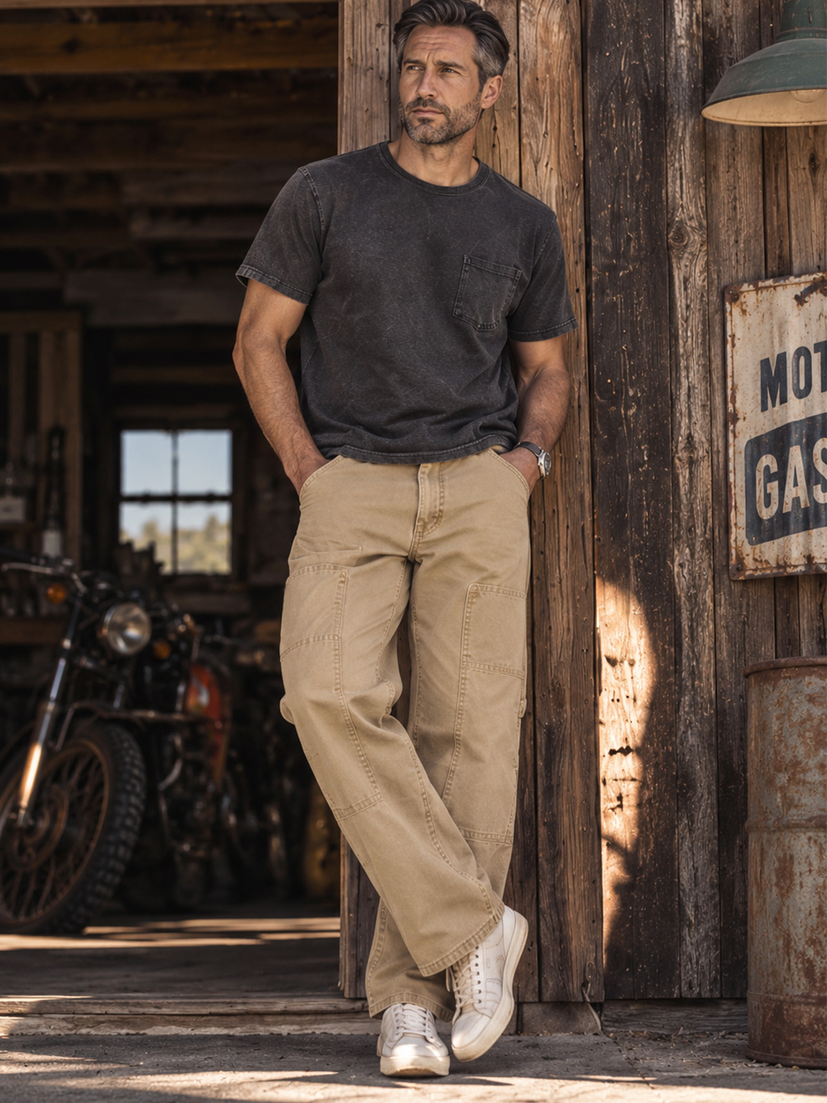 Men's Vintage Washed Utility Pocket Relaxed Straight-Leg Pants