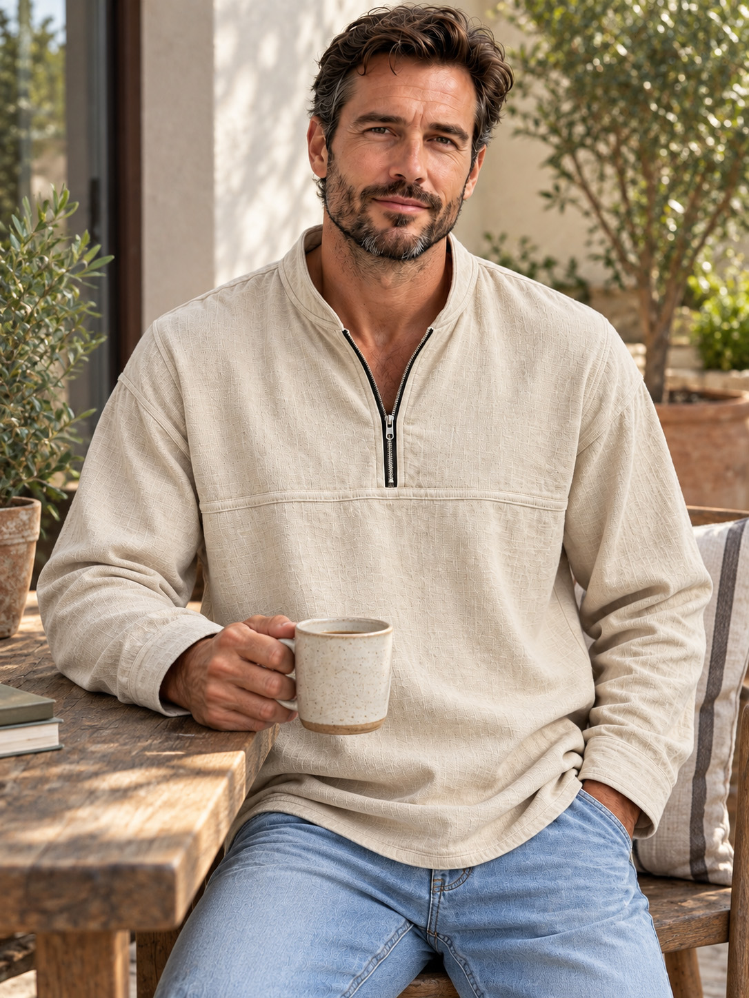 Men's Cotton-Linen Long-Sleeve Pullover with Stand Collar and Zipper