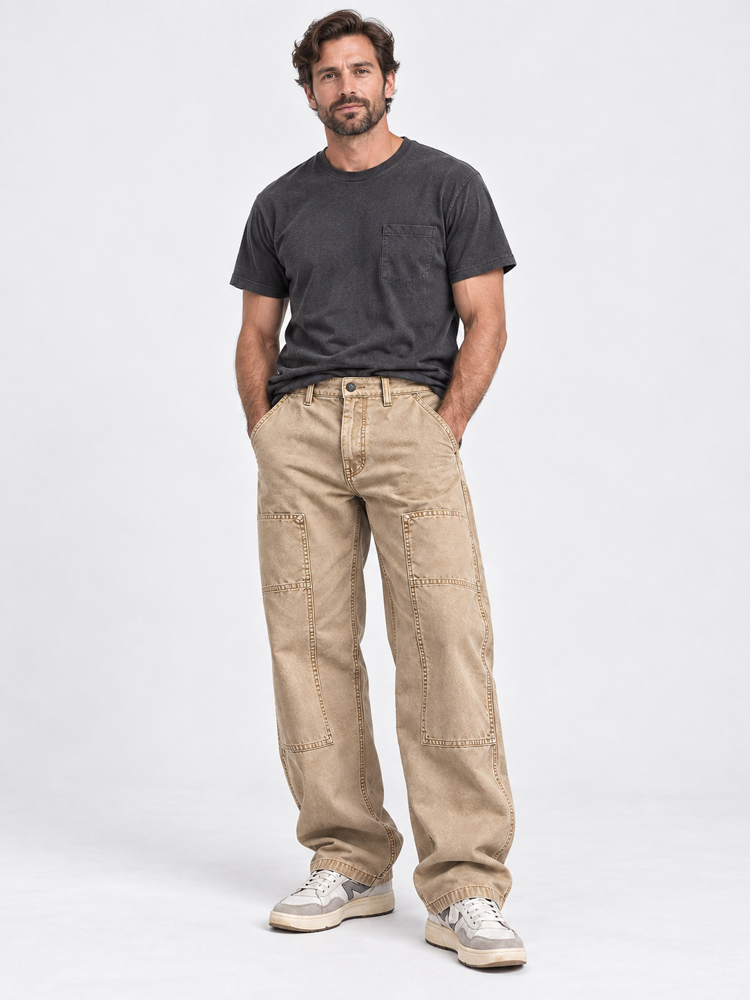 Men's Vintage Washed Utility Pocket Relaxed Straight-Leg Pants