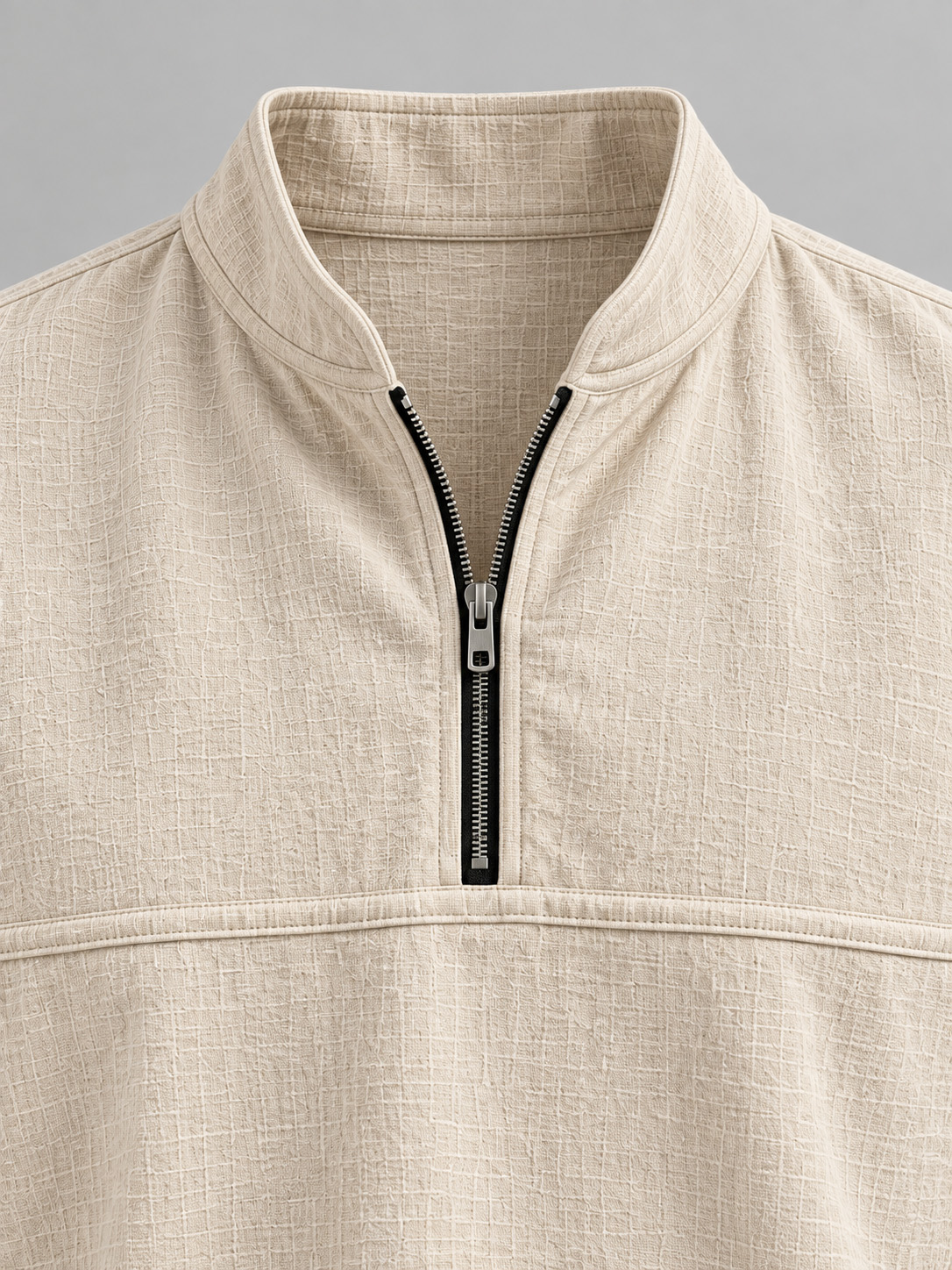Men's Cotton-Linen Long-Sleeve Pullover with Stand Collar and Zipper