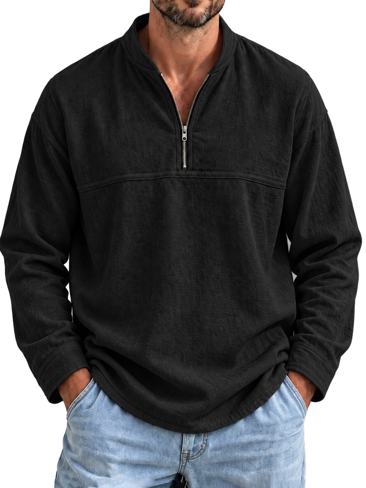 Men's Cotton-Linen Long-Sleeve Pullover with Stand Collar and Zipper