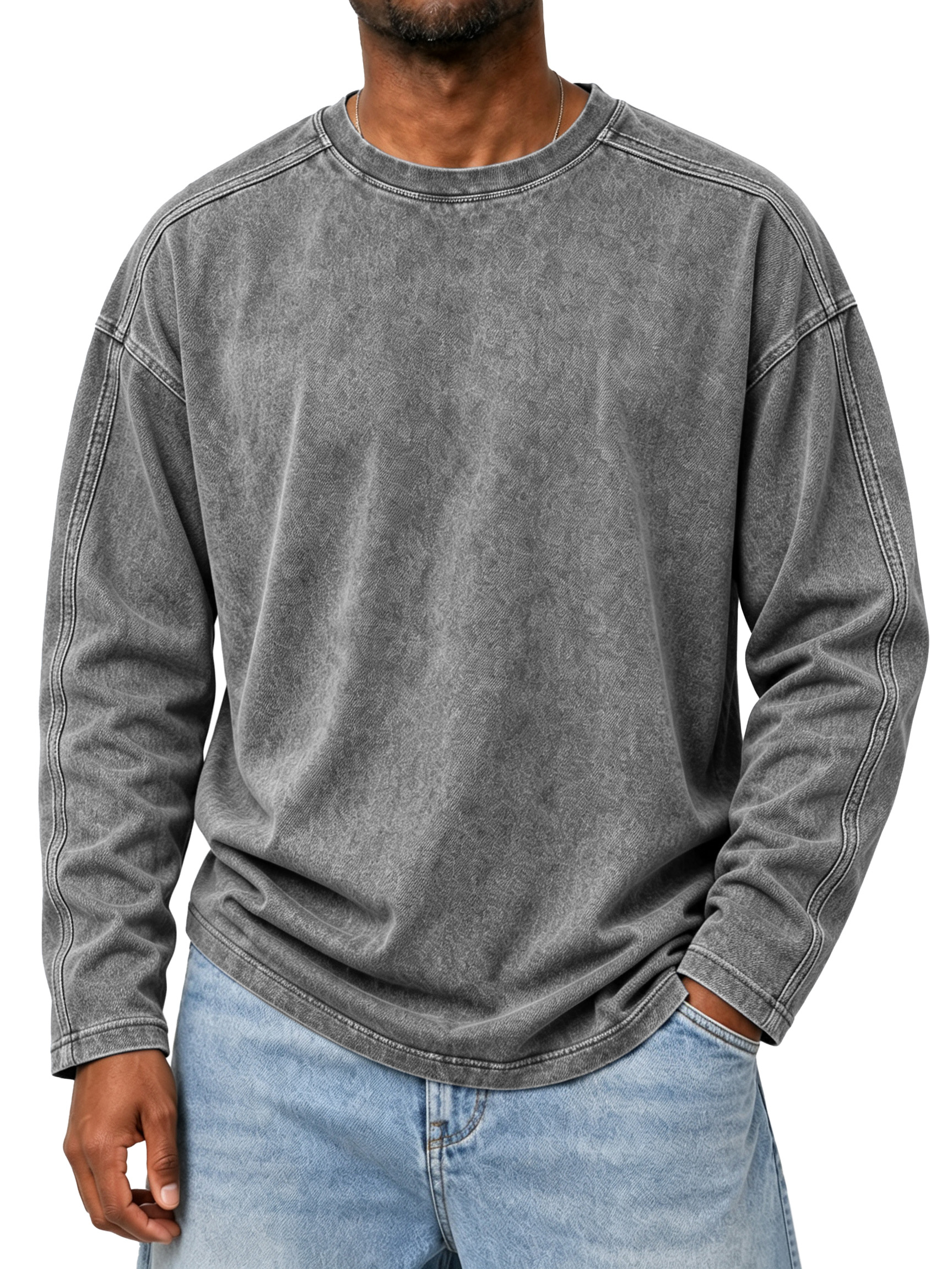 Men's Vintage Crew-Neck Long-Sleeve T-Shirt with Stitching Detail