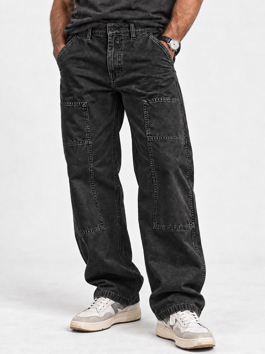 Men's Vintage Washed Utility Pocket Relaxed Straight-Leg Pants