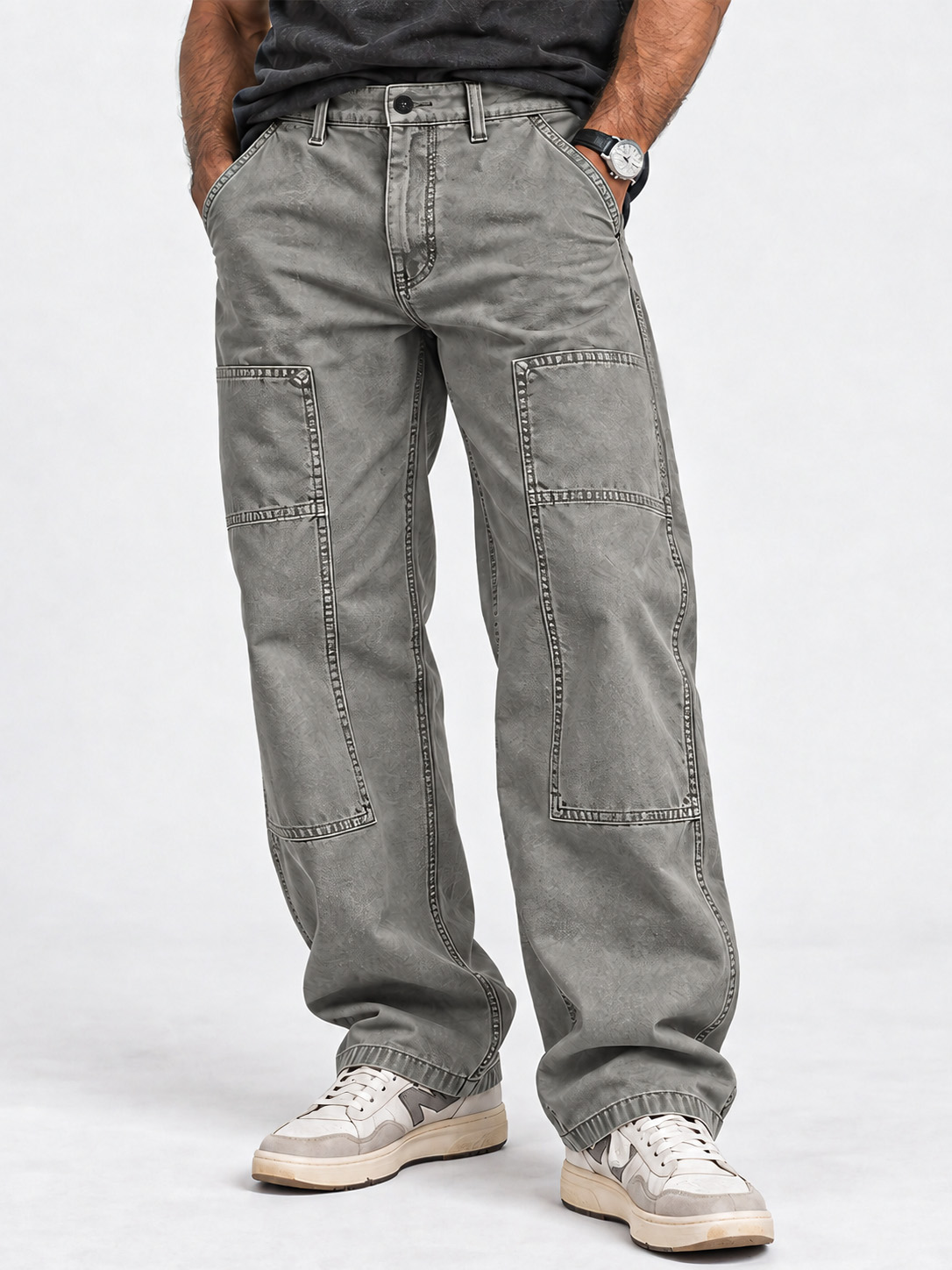 Men's Vintage Washed Utility Pocket Relaxed Straight-Leg Pants