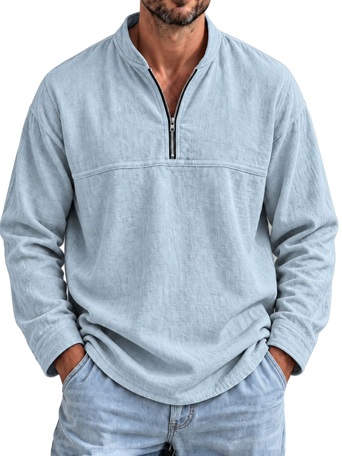 Men's Cotton-Linen Long-Sleeve Pullover with Stand Collar and Zipper