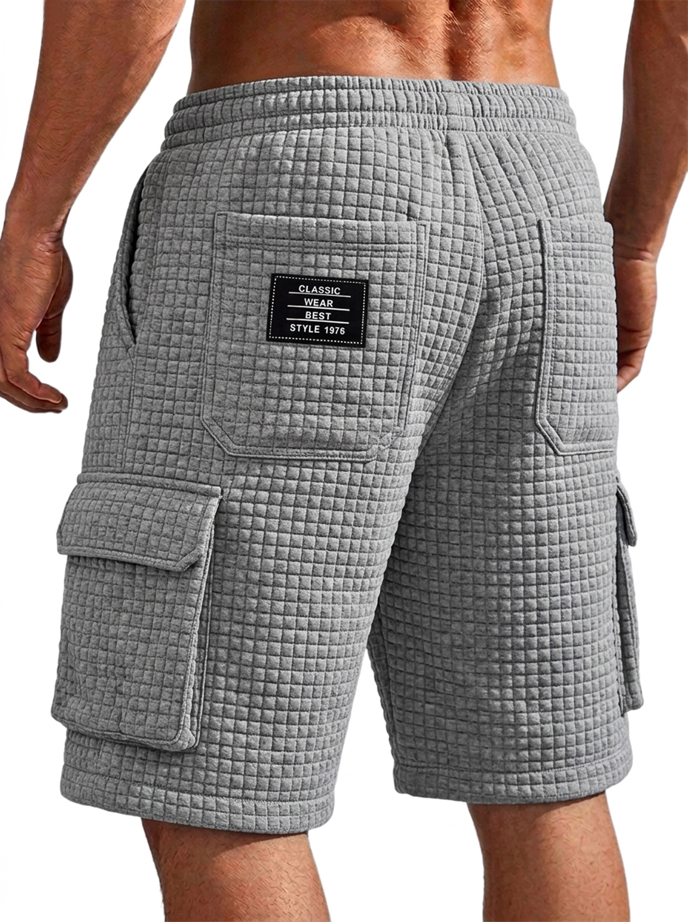 Men's Small-Check Multi-Pocket Casual Utility Shorts with Embroidered Logo