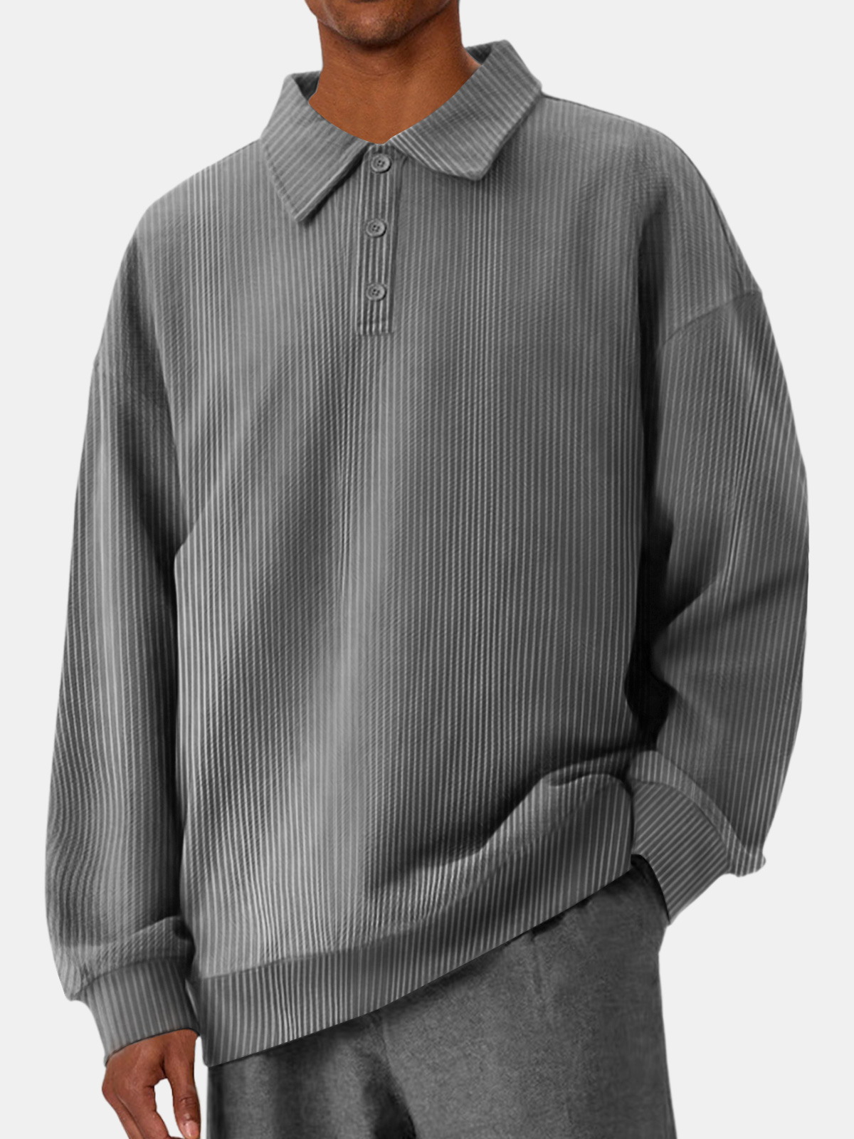 Men's Casual Pit Lapel Button Solid Color Comfortable Polo Sweatshirt