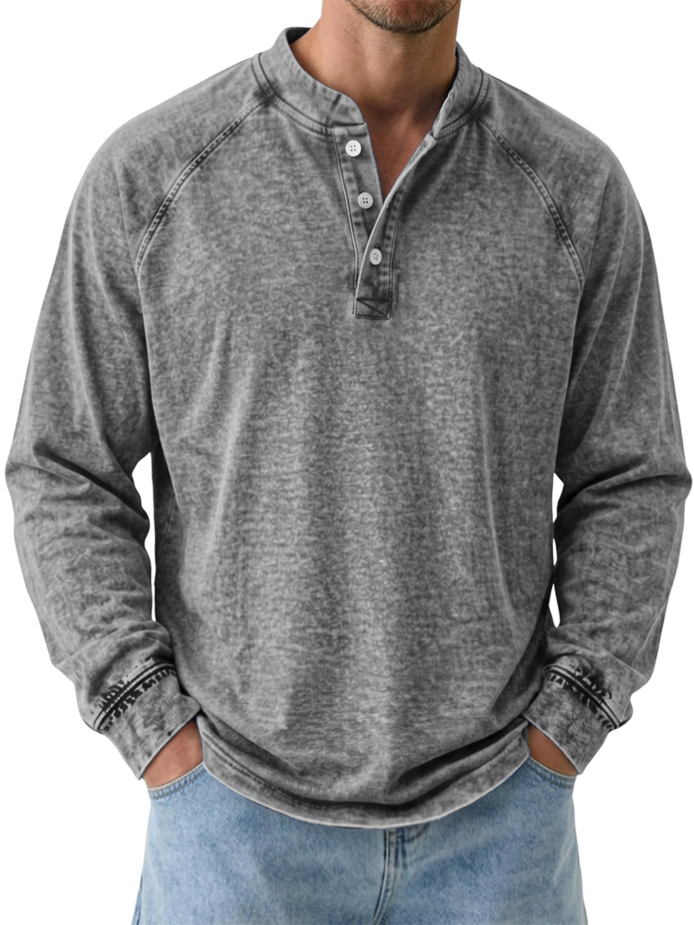 Men's Autumn Vintage Raglan-Sleeve Button-Front Stand-Collar Casual Long-Sleeve Henley Shirt