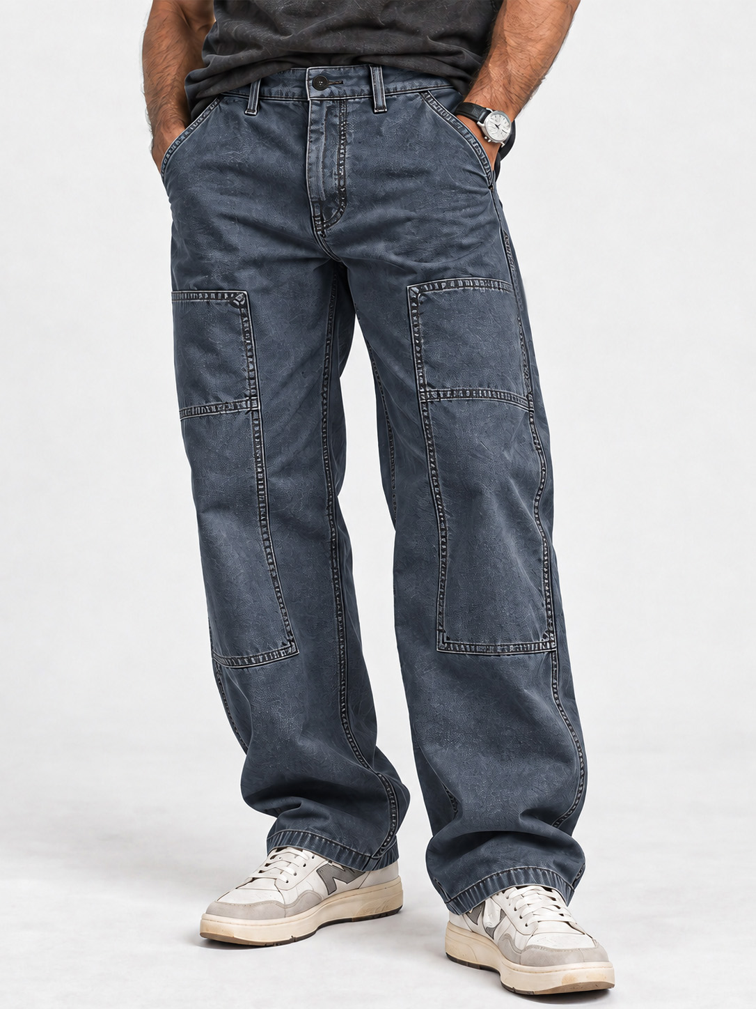 Men's Vintage Washed Utility Pocket Relaxed Straight-Leg Pants