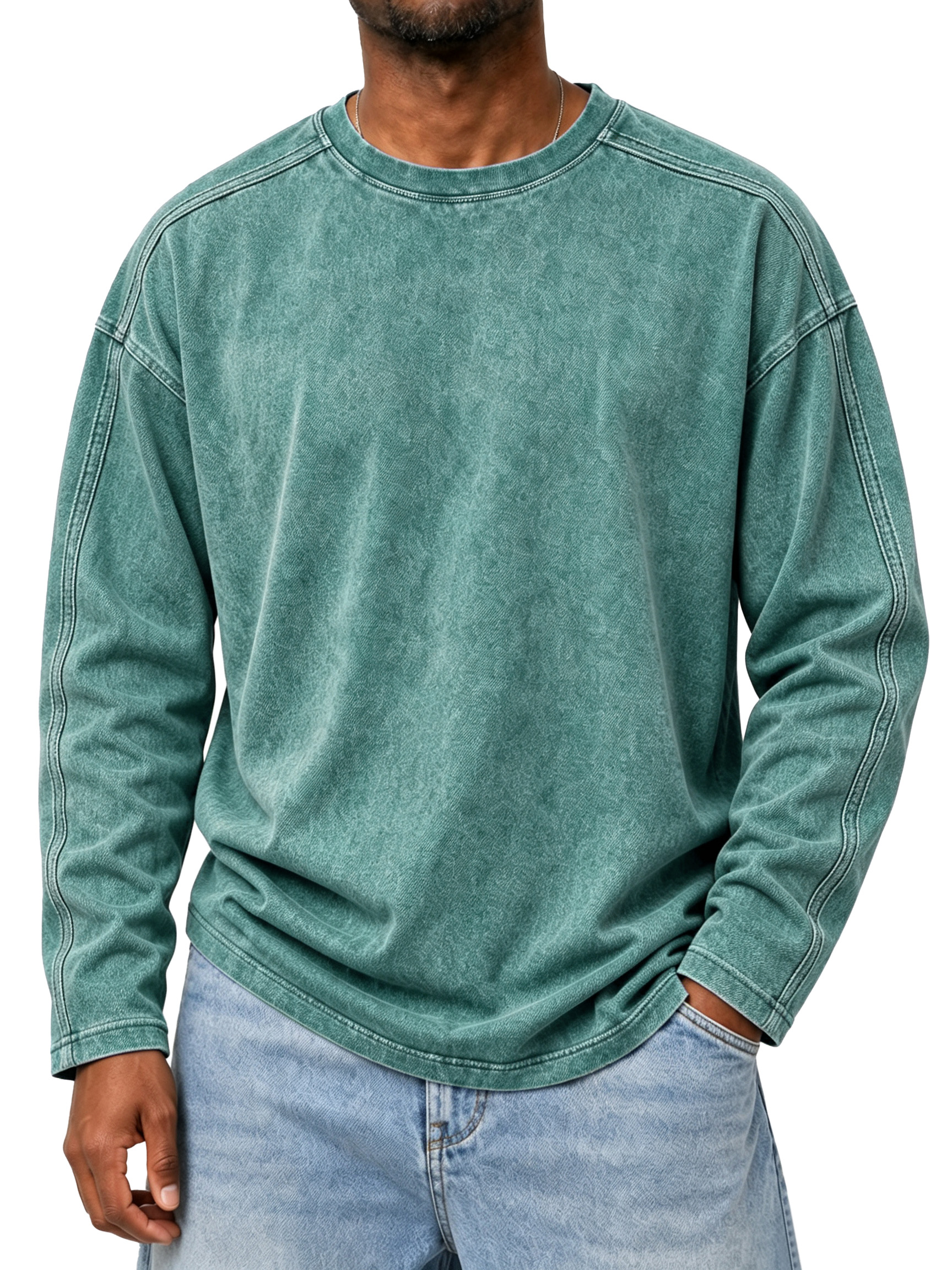 Men's Vintage Crew-Neck Long-Sleeve T-Shirt with Stitching Detail