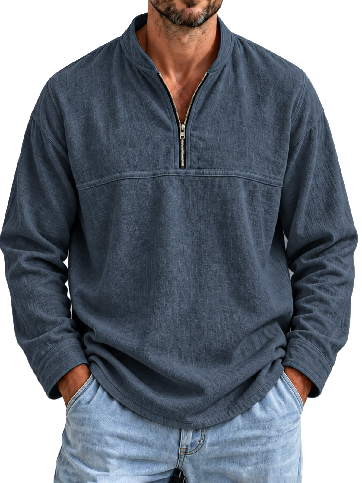 Men's Cotton-Linen Long-Sleeve Pullover with Stand Collar and Zipper