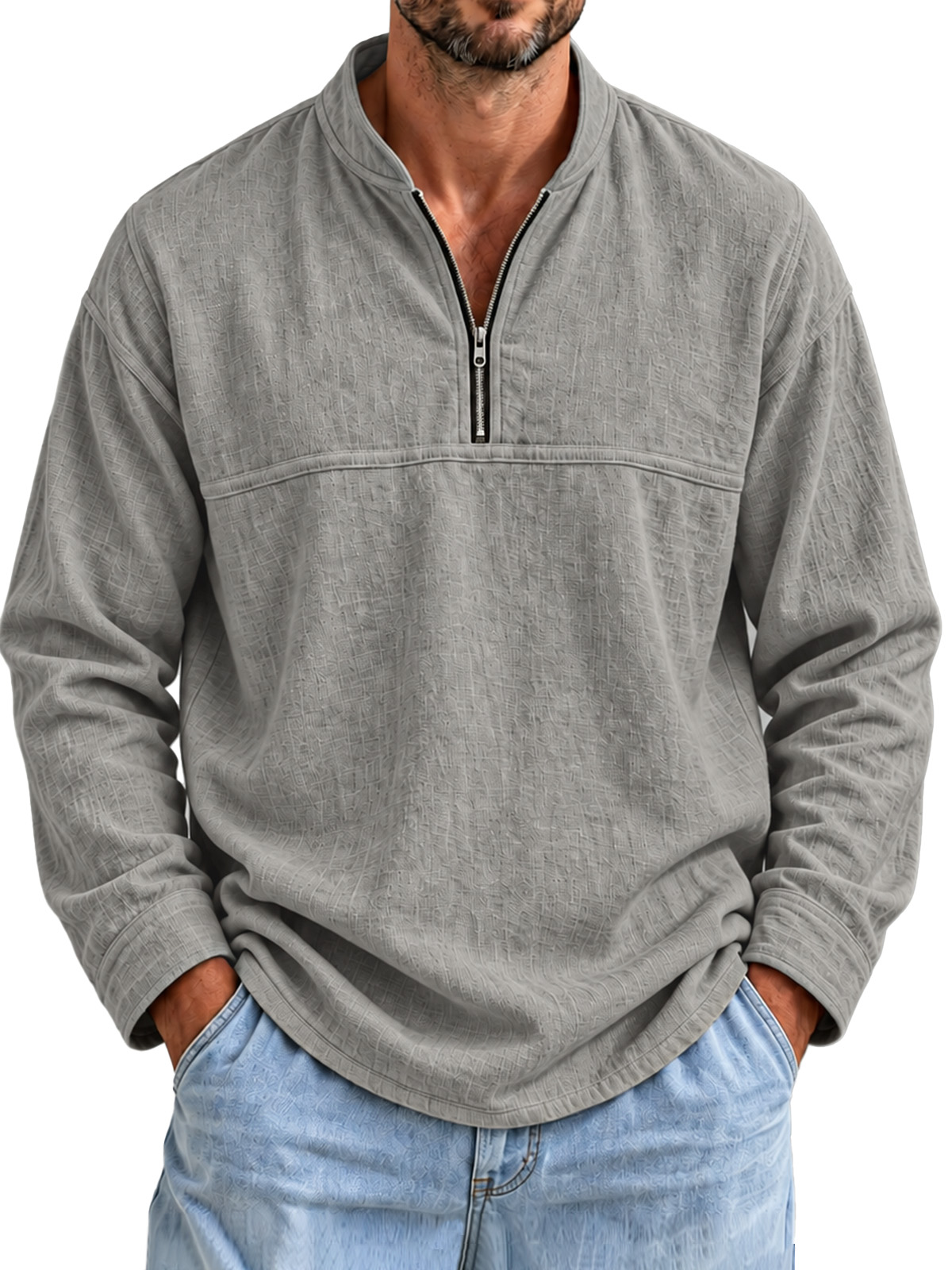Men's Cotton-Linen Long-Sleeve Pullover with Stand Collar and Zipper