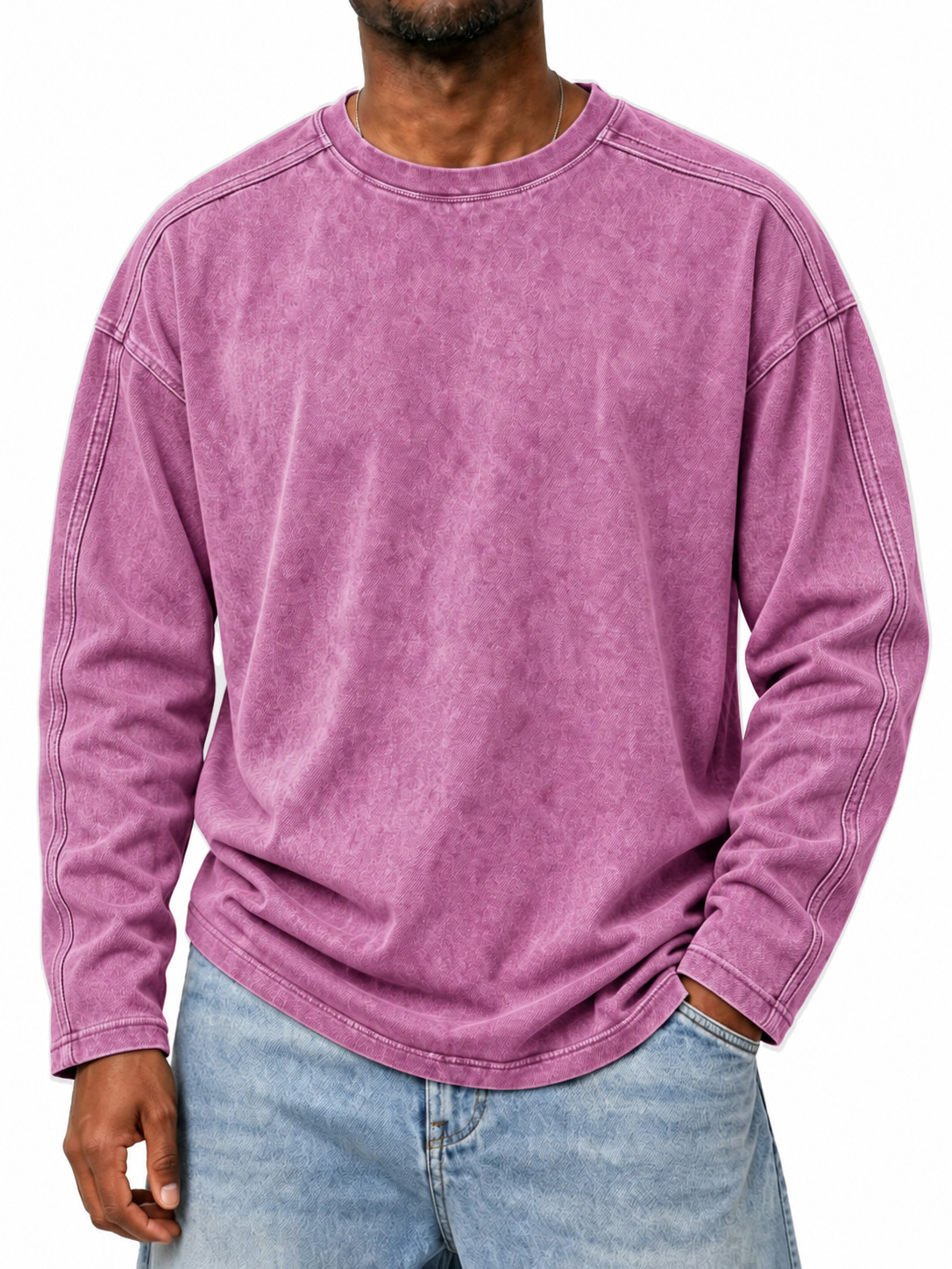 Men's Vintage Crew-Neck Long-Sleeve T-Shirt with Stitching Detail
