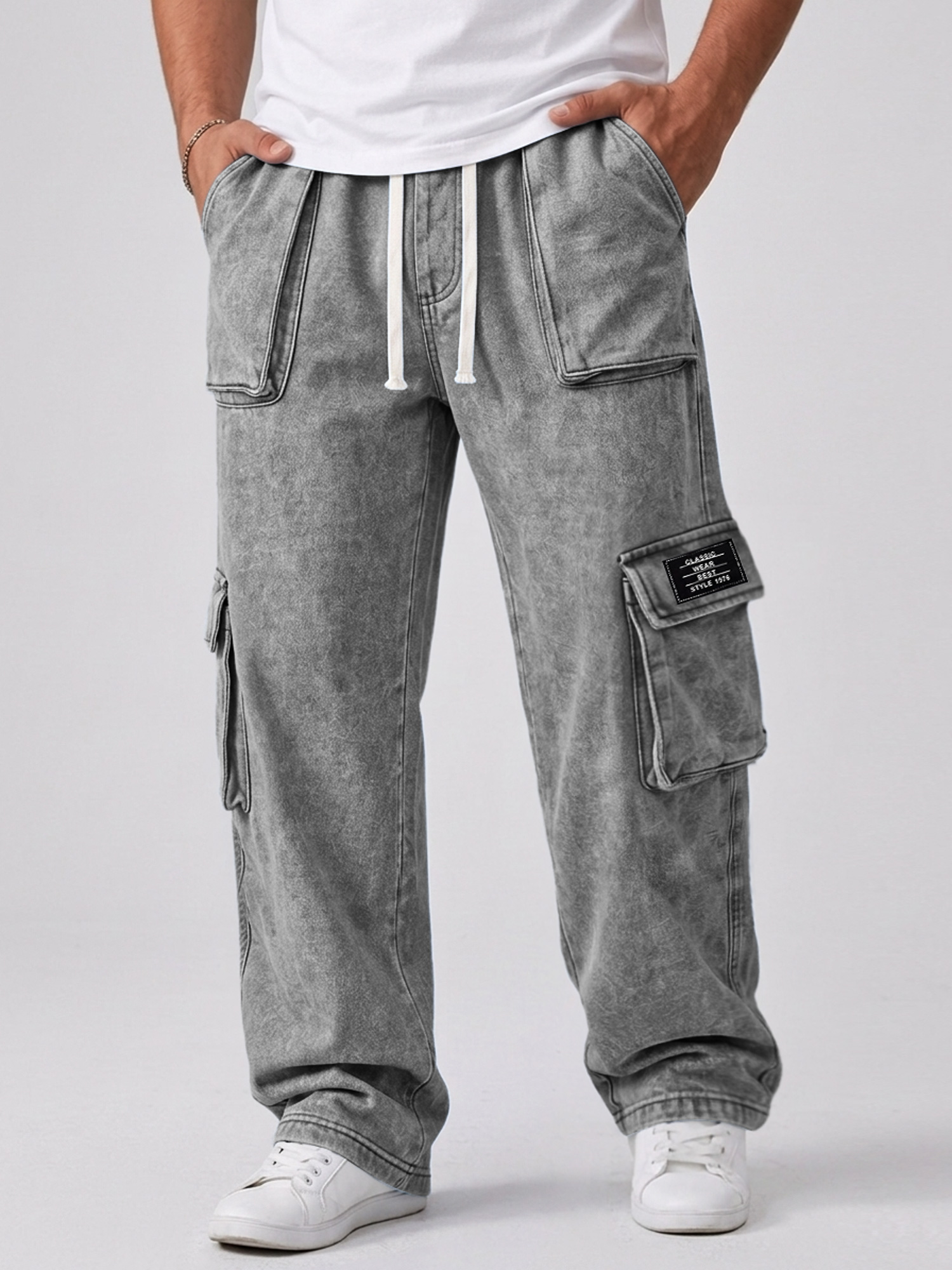 Men's Casual Retro Multi-Pocket Embroidered Logo Cargo Pants