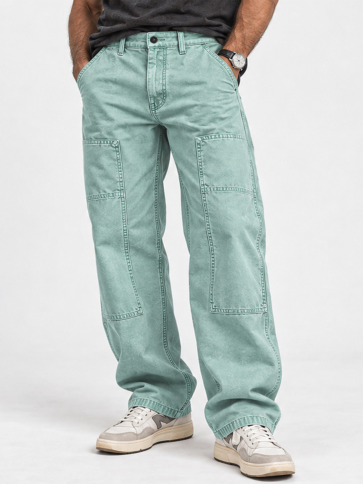 Men's Vintage Washed Utility Pocket Relaxed Straight-Leg Pants