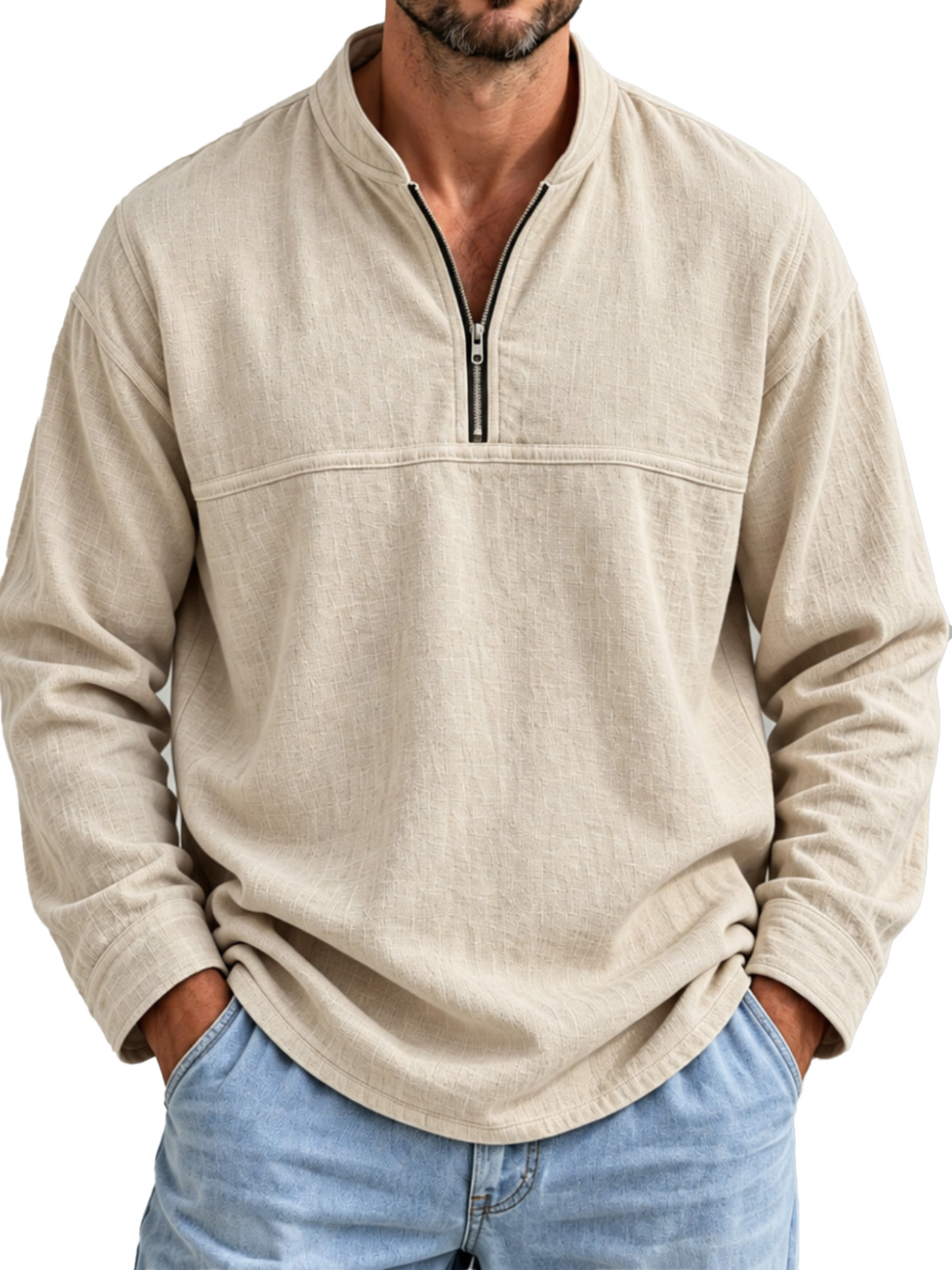 Men's Cotton-Linen Long-Sleeve Pullover with Stand Collar and Zipper
