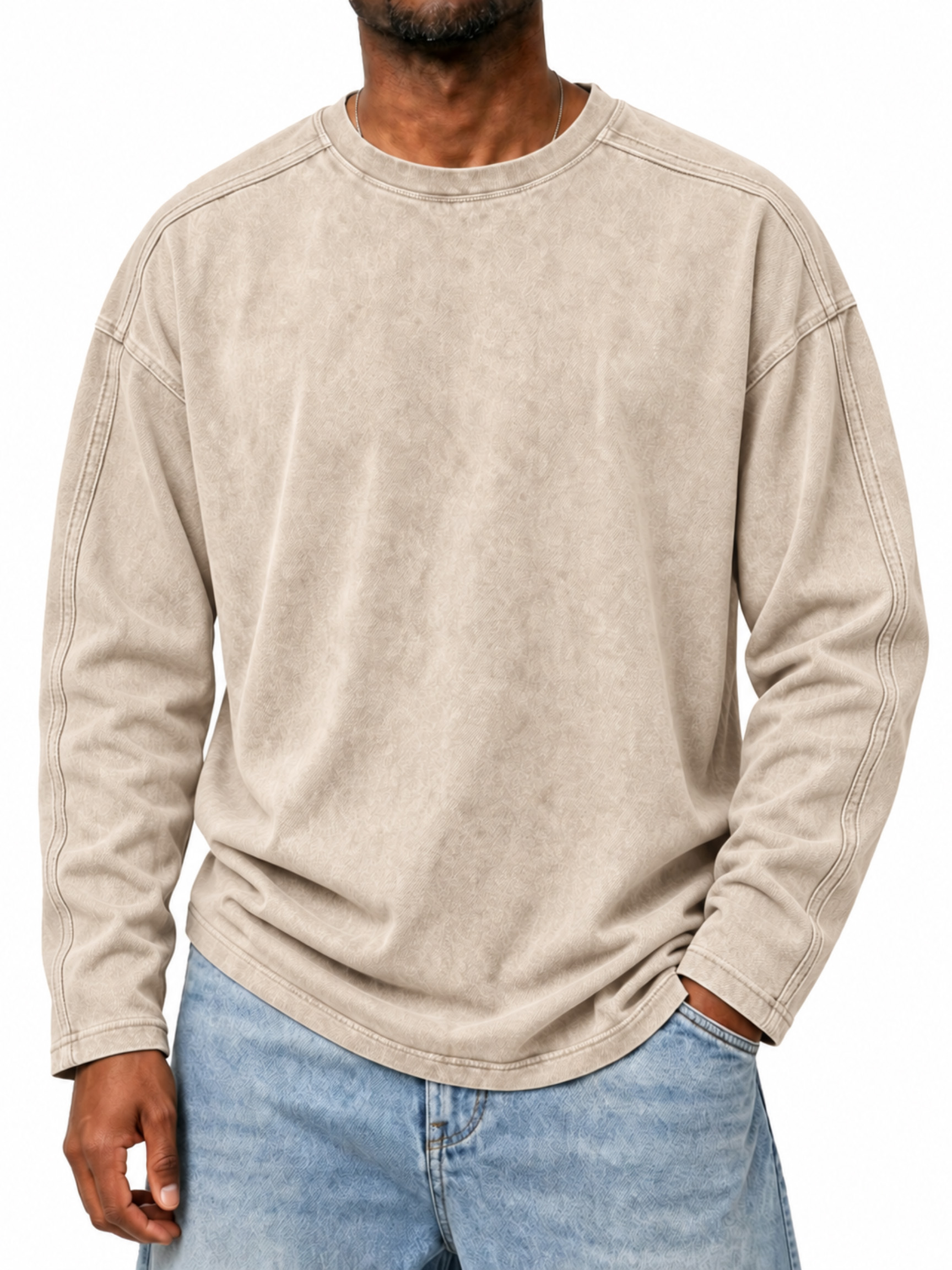 Men's Vintage Crew-Neck Long-Sleeve T-Shirt with Stitching Detail