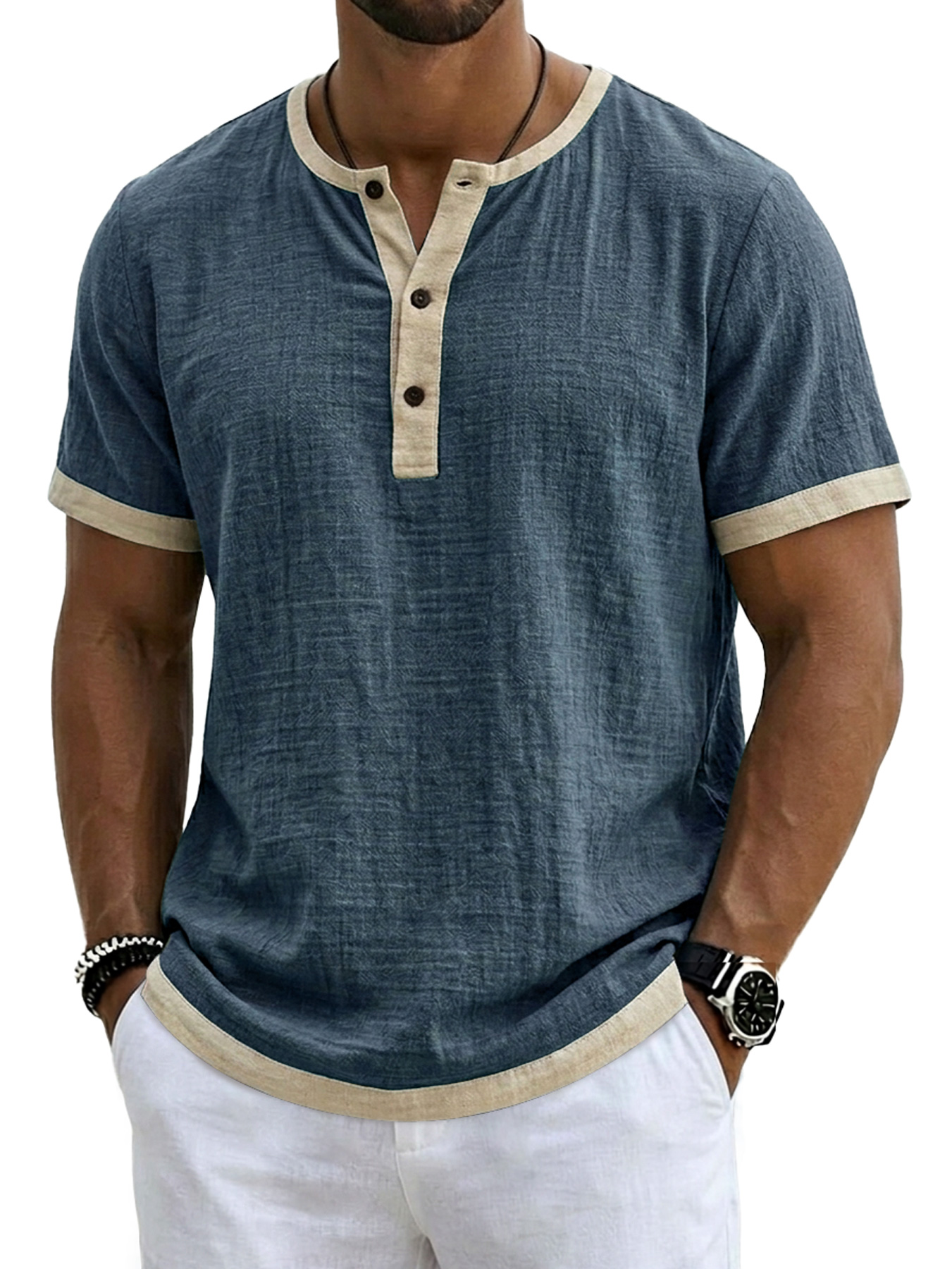 Men's Retro Linen Color Block Casual Short-Sleeve Henley Shirt