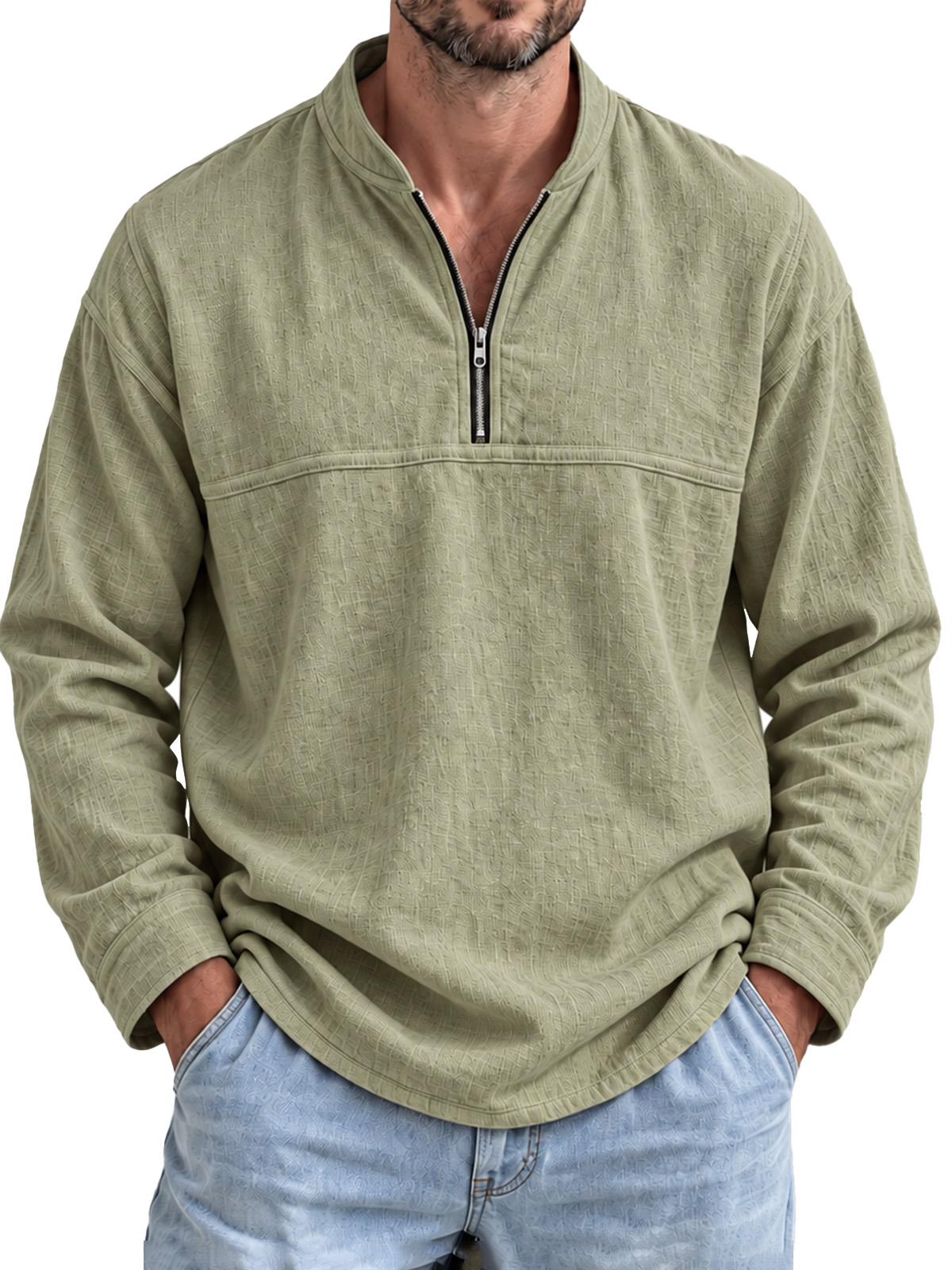 Men's Cotton-Linen Long-Sleeve Pullover with Stand Collar and Zipper