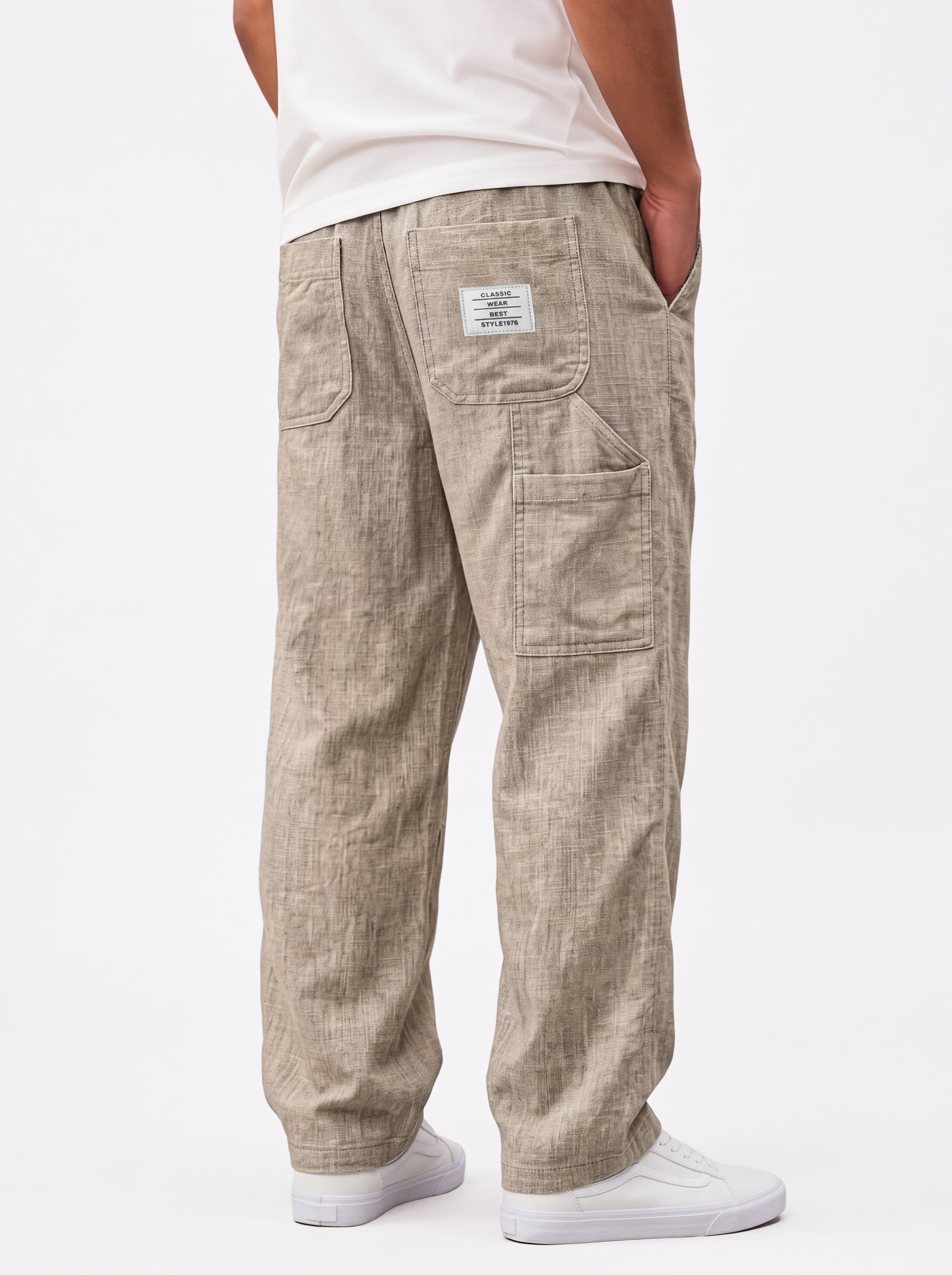 Men's Casual Linen Cargo Trousers with Embroidered Logo and Multiple Pockets