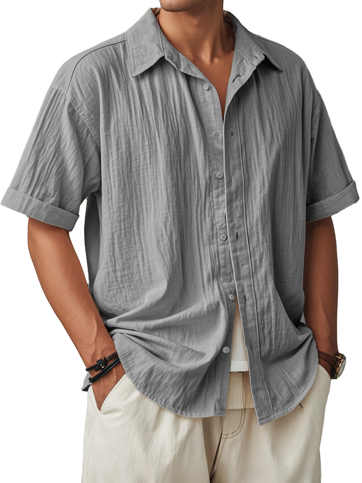 Men's Fashion Casual Pleated Fabric Short Sleeve Shirt