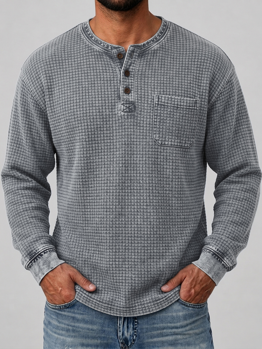 Men's Retro Distressed Waffle Knit Henley Shirt