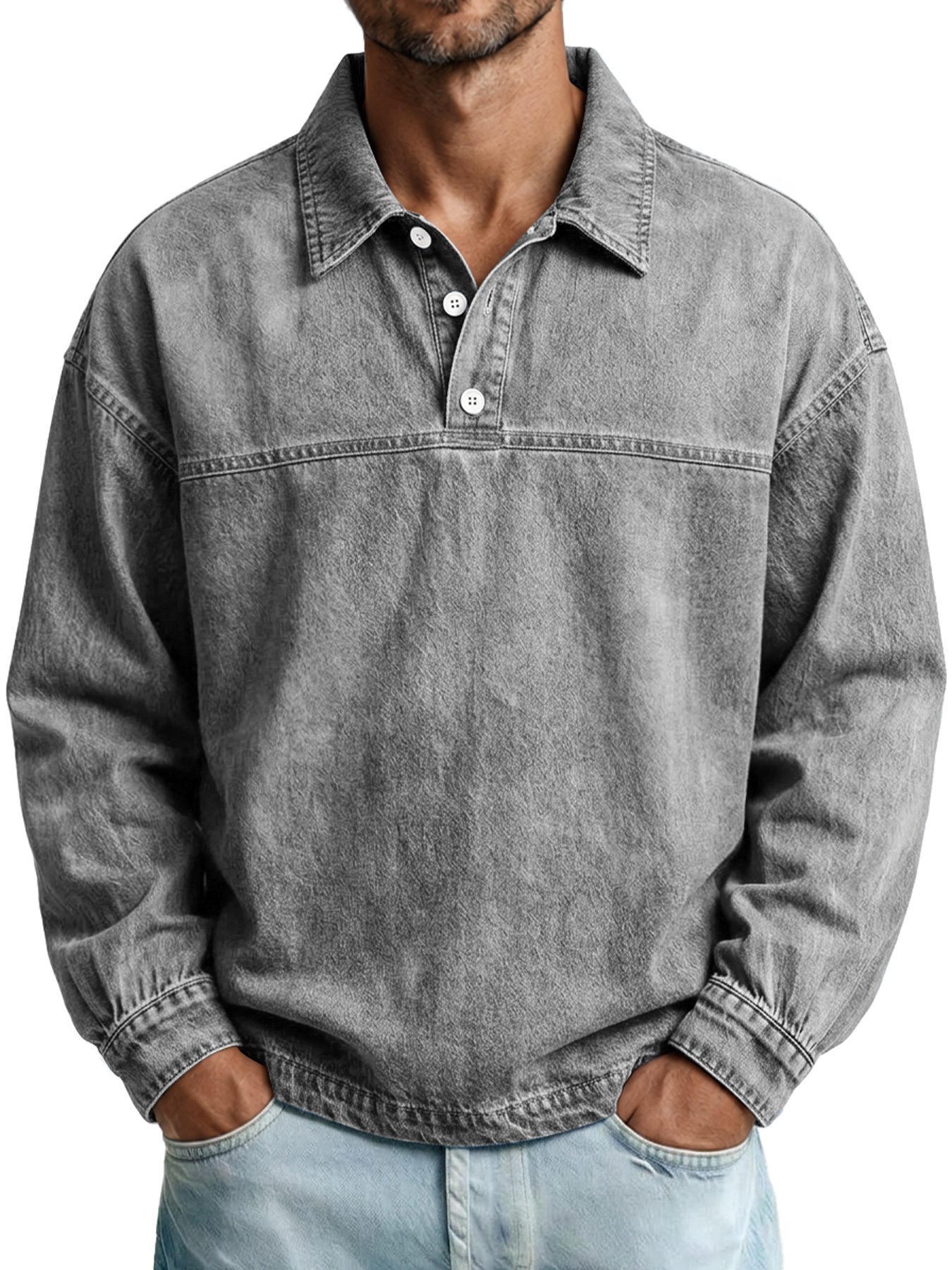 Men's Autumn Vintage Washed Cotton Long-Sleeve Casual Polo Shirt with Stitching Detail