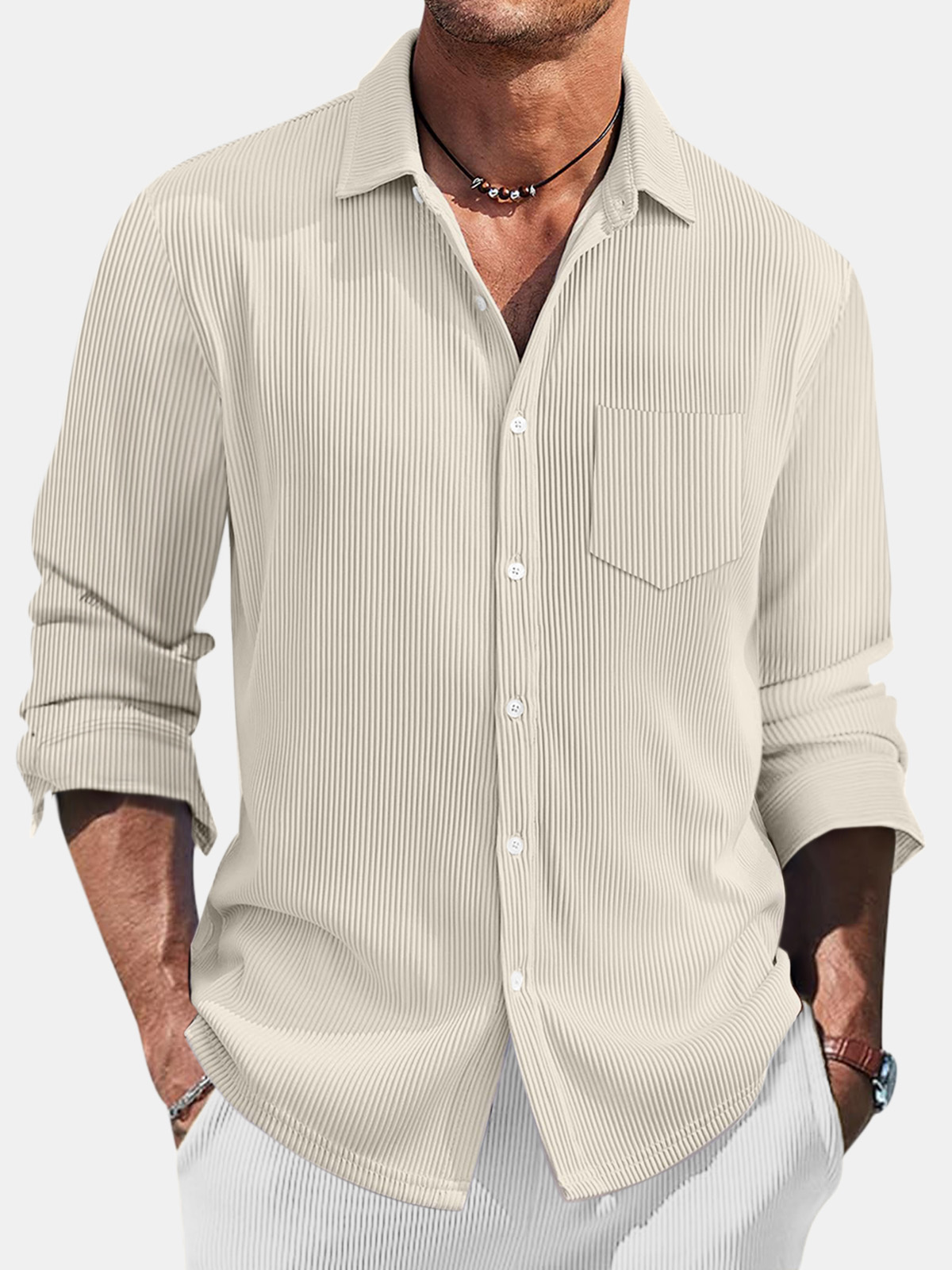 Men's Casual Daily Pit Striped Solid Color Comfortable Long-sleeved Shirt