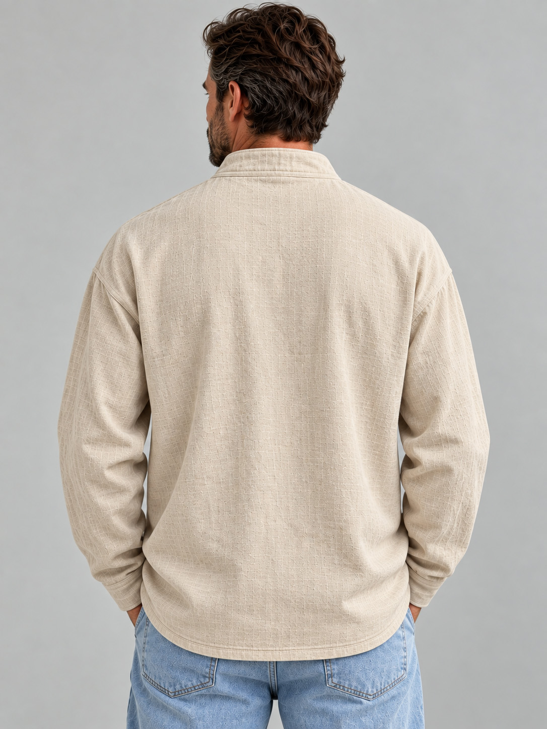 Men's Cotton-Linen Long-Sleeve Pullover with Stand Collar and Zipper