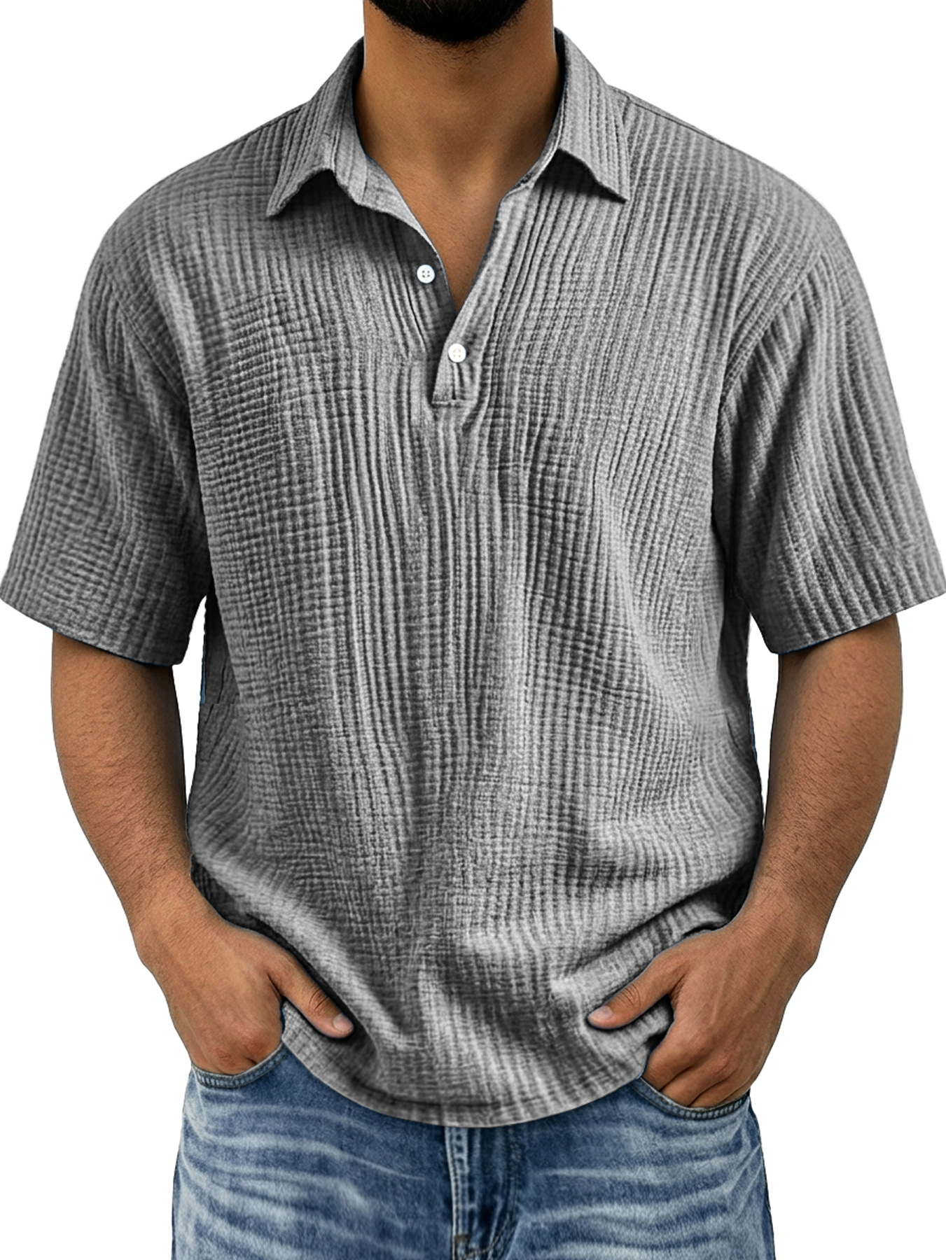 Men's Polo Shirt with Pleated Collar, Button-Down Casual Solid Color Short Sleeve