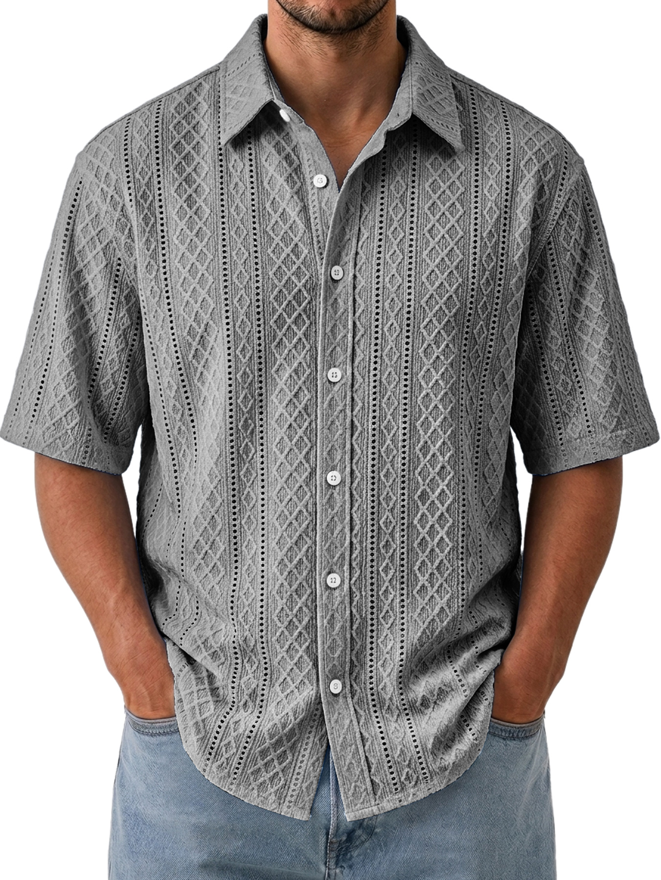 Men's Solid-Color Jacquard-Texture Casual Short-Sleeve Shirt