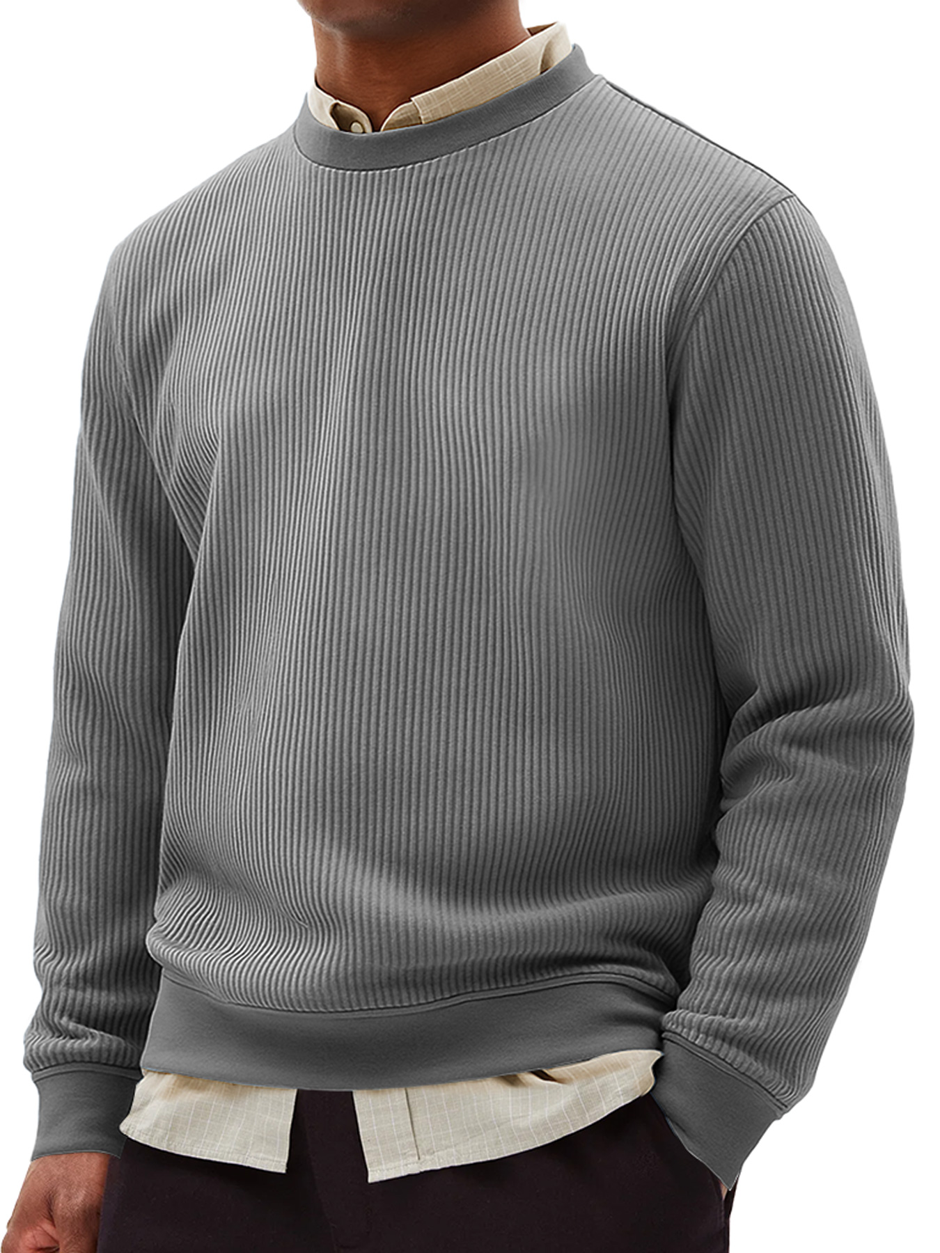 Simple Ribbed Round Neck Everyday Casual Comfortable Long-sleeved T-sh