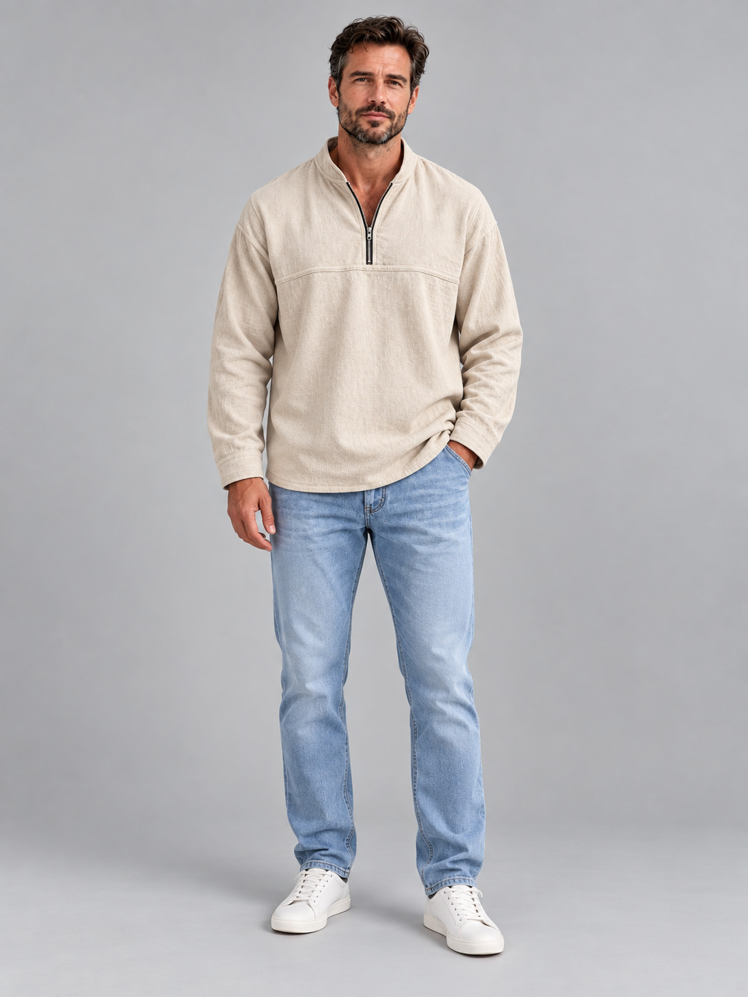 Men's Cotton-Linen Long-Sleeve Pullover with Stand Collar and Zipper