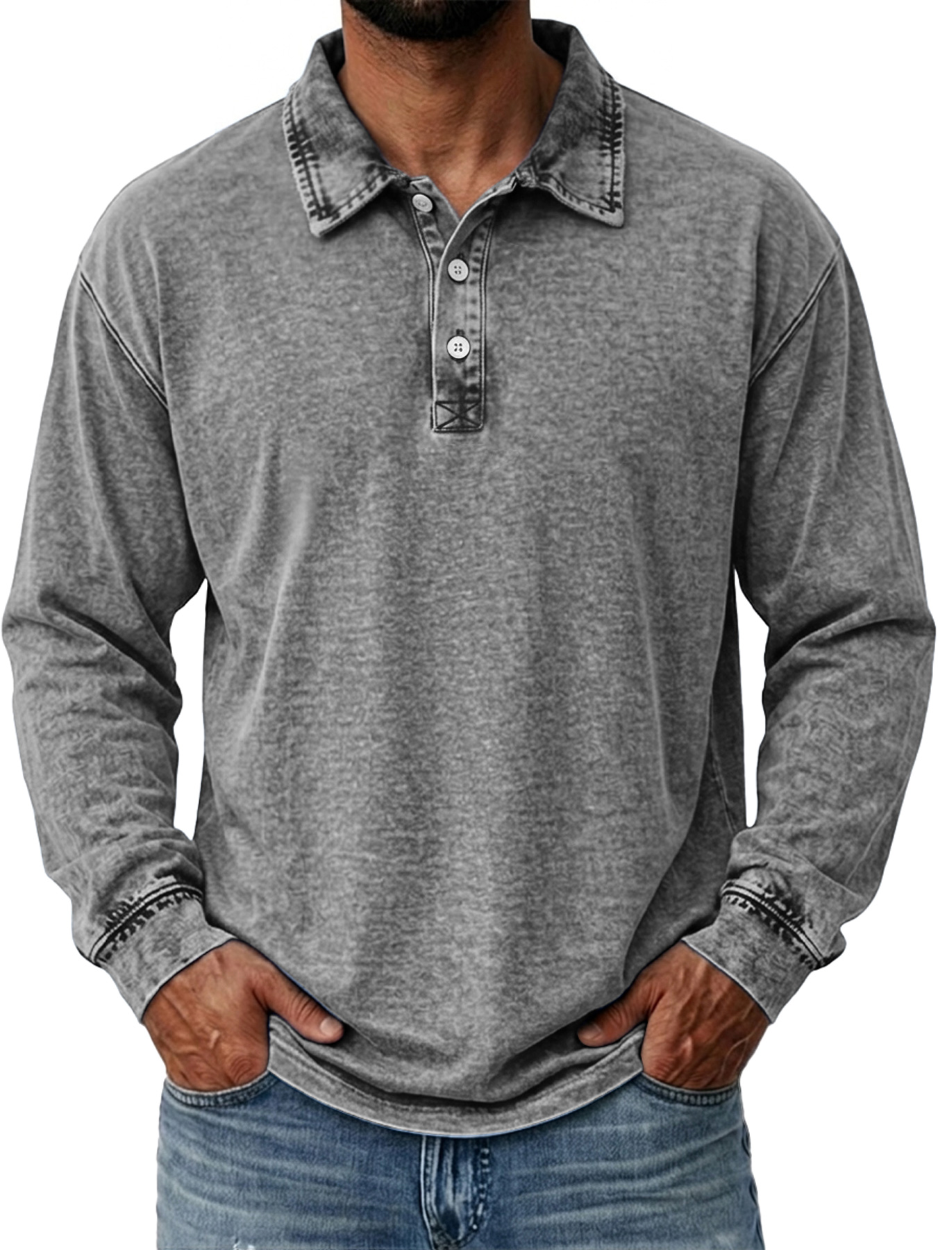Men's Vintage Washed Cotton Long-Sleeve Polo Shirt with Collar and Button Placket