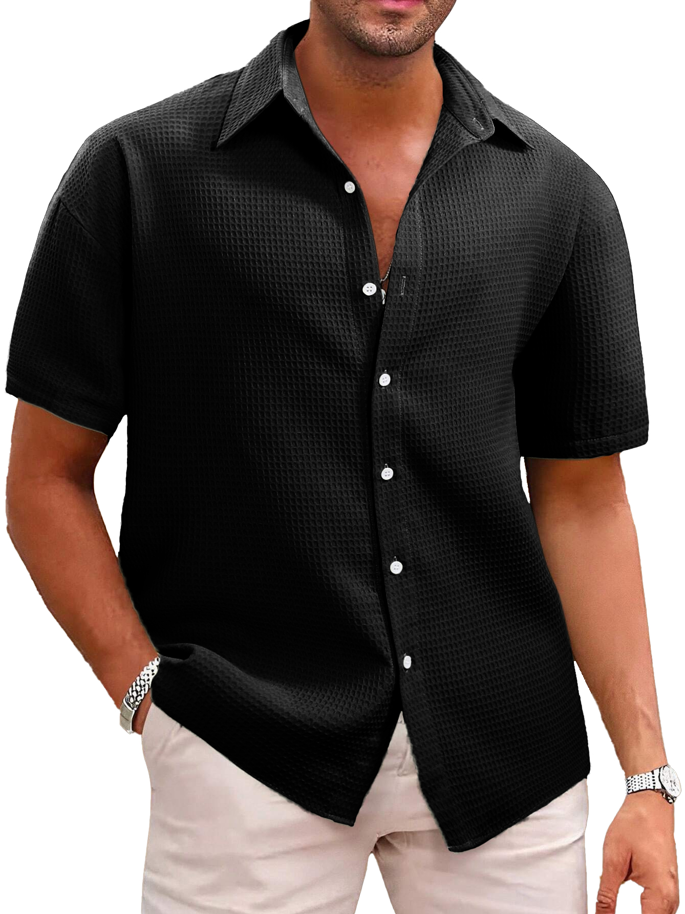 Hawaiian Men's Casual Lapel Waffle Fabric Short Sleeve Shirt