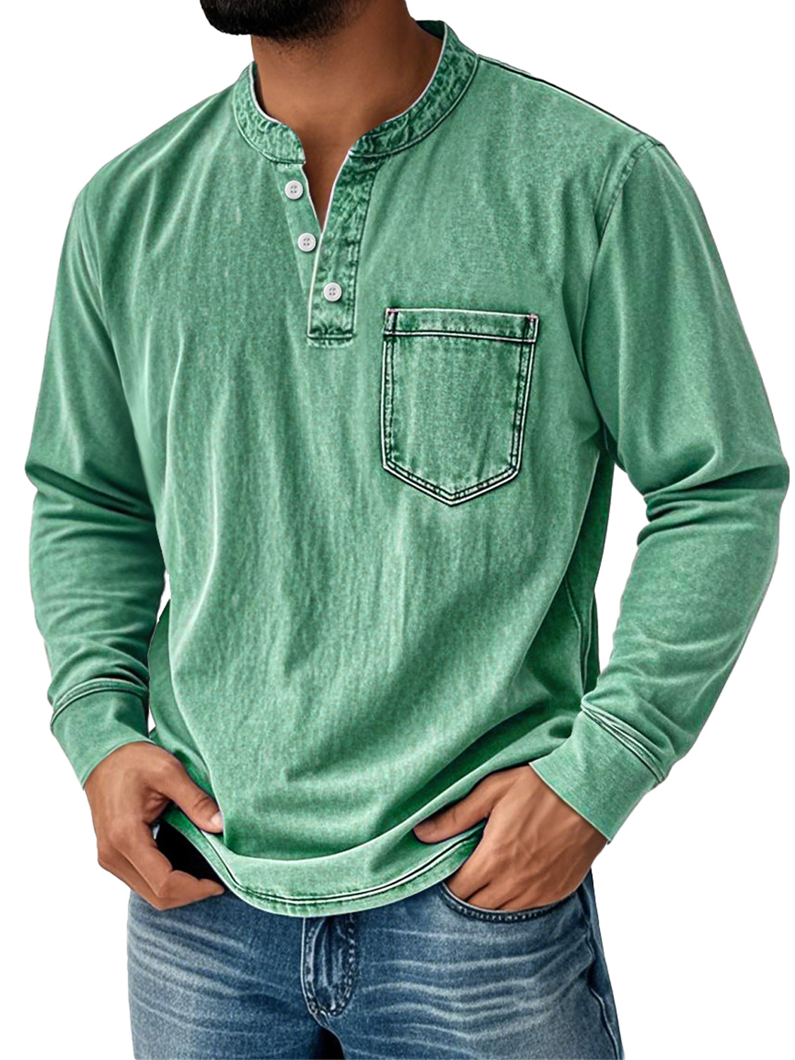 Men's Retro Stand Collar Pocket Casual Distressed Long Sleeve Henley Shirt