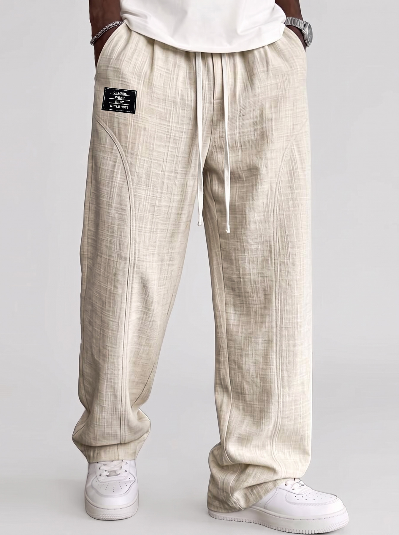 Men's Comfortable Cotton-Linen Casual Trousers with Deconstructed Design and Embroidered Logo