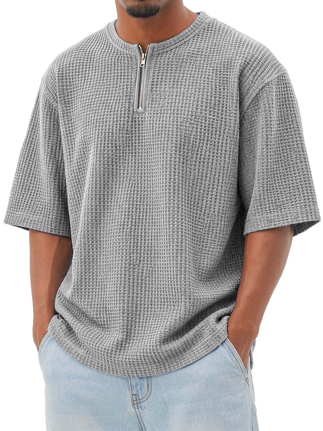Men's Waffle-Knit Crew-Neck Short-Sleeve T-Shirt with Zipper Detail