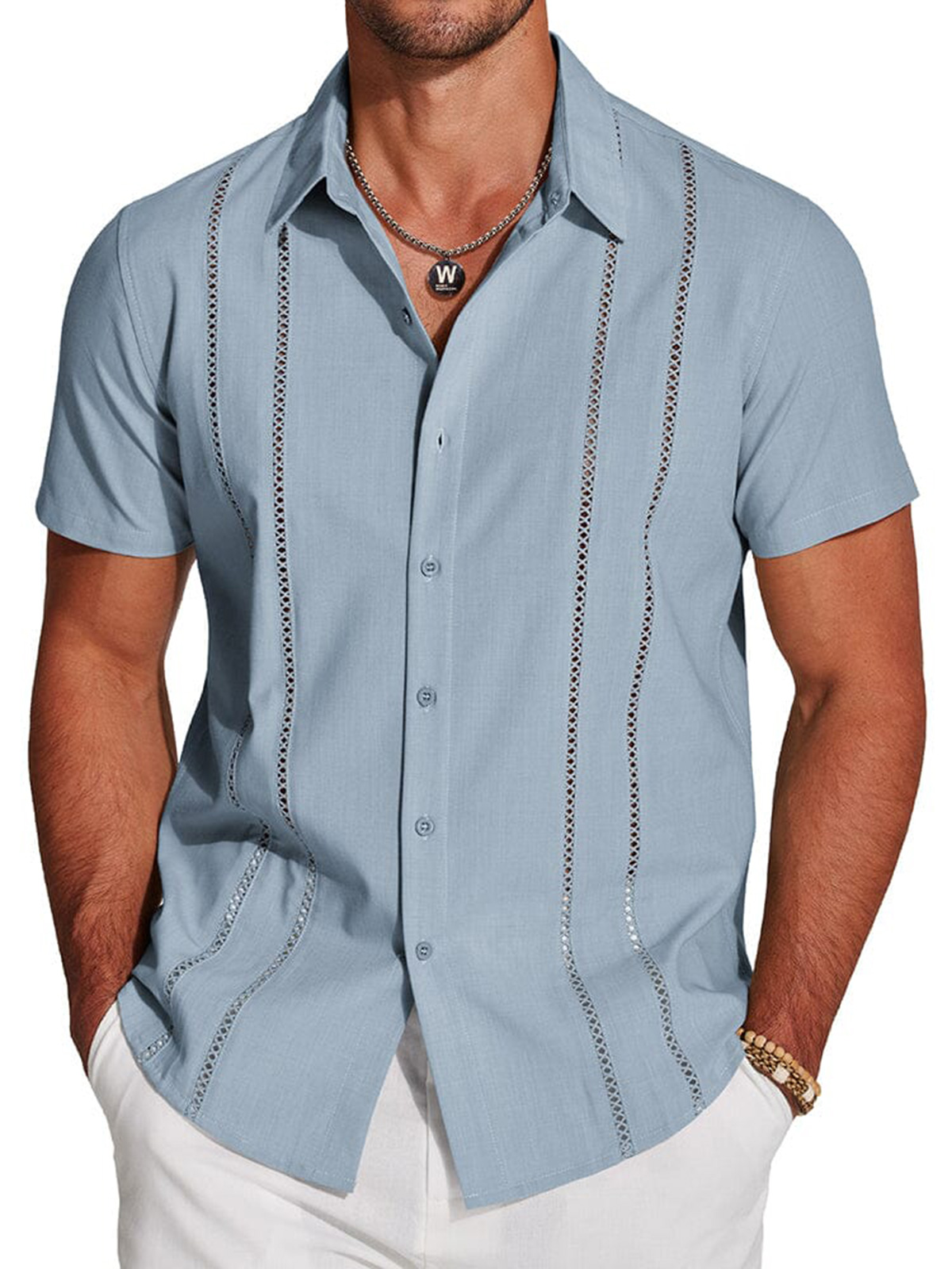 Men's Summer Solid Color Patchwork Short-Sleeved Shirt