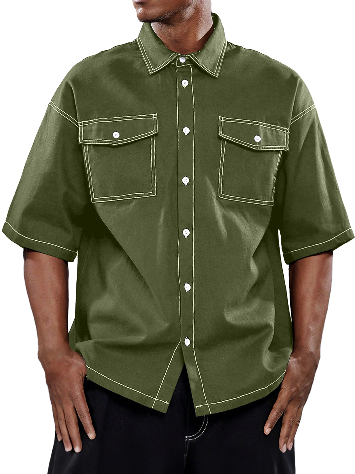 Men's Retro Workwear Double Pocket Casual Solid Color Short Sleeve Shirt