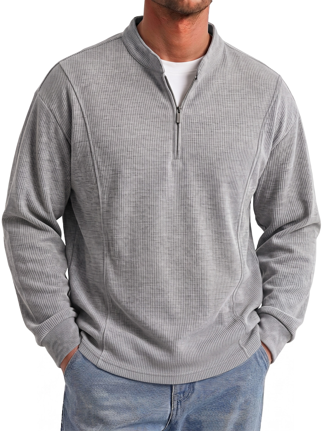 Men's Autumn Ribbed Stand-Collar Zip-Front Casual Long-Sleeve T-Shirt